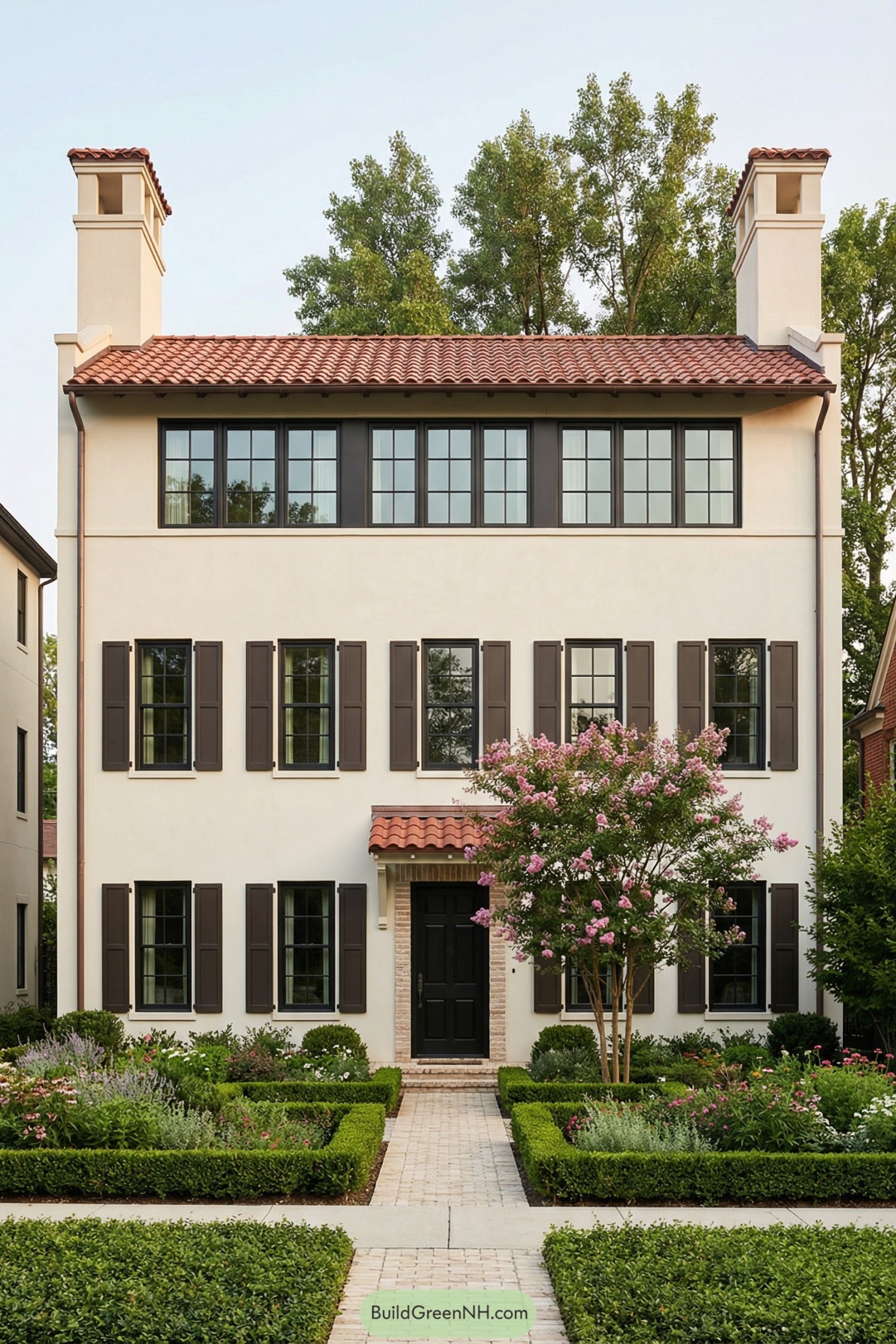 Three story stucco townhouse with tiled roof and manicured front garden