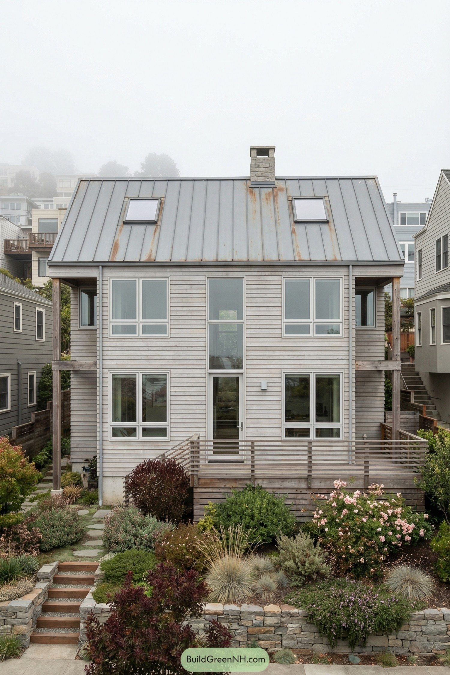 Modern wood-clad house with layered garden