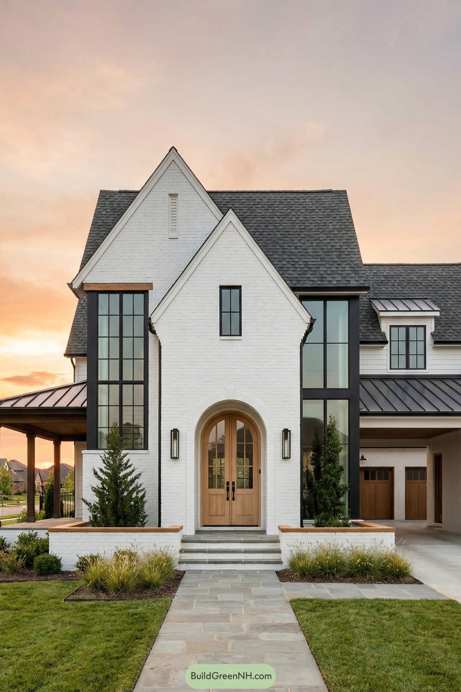 Contemporary white brick house with tall black framed windows and arched wood entry door