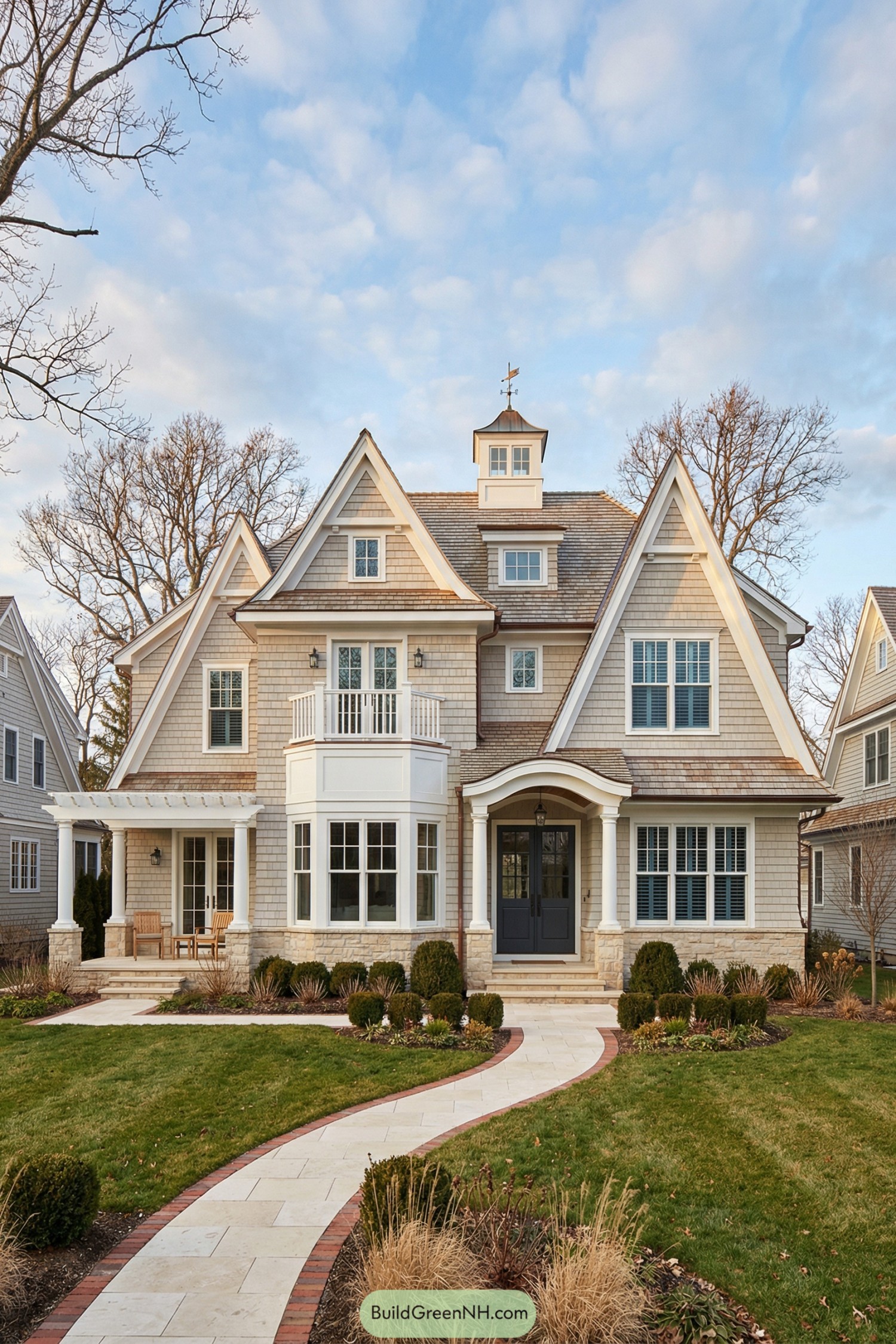 Elegant shingle style house with steep gables, stone base, and a winding front walkway