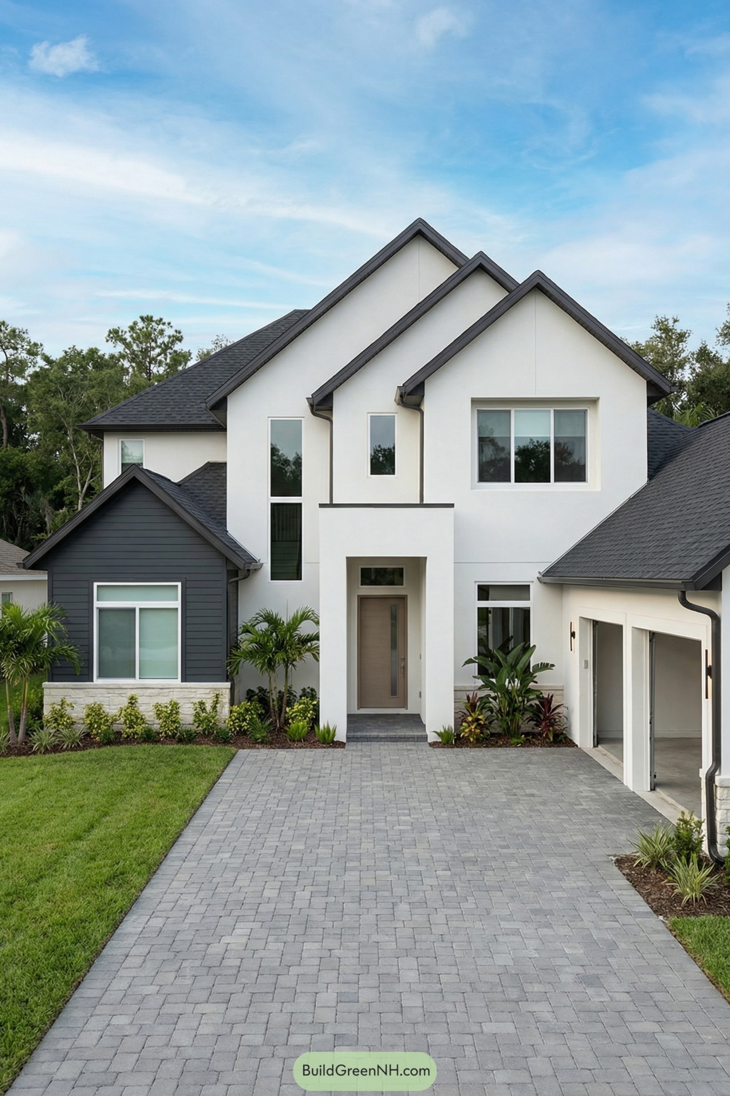 Modern white two story house with dark roof and gray paver driveway