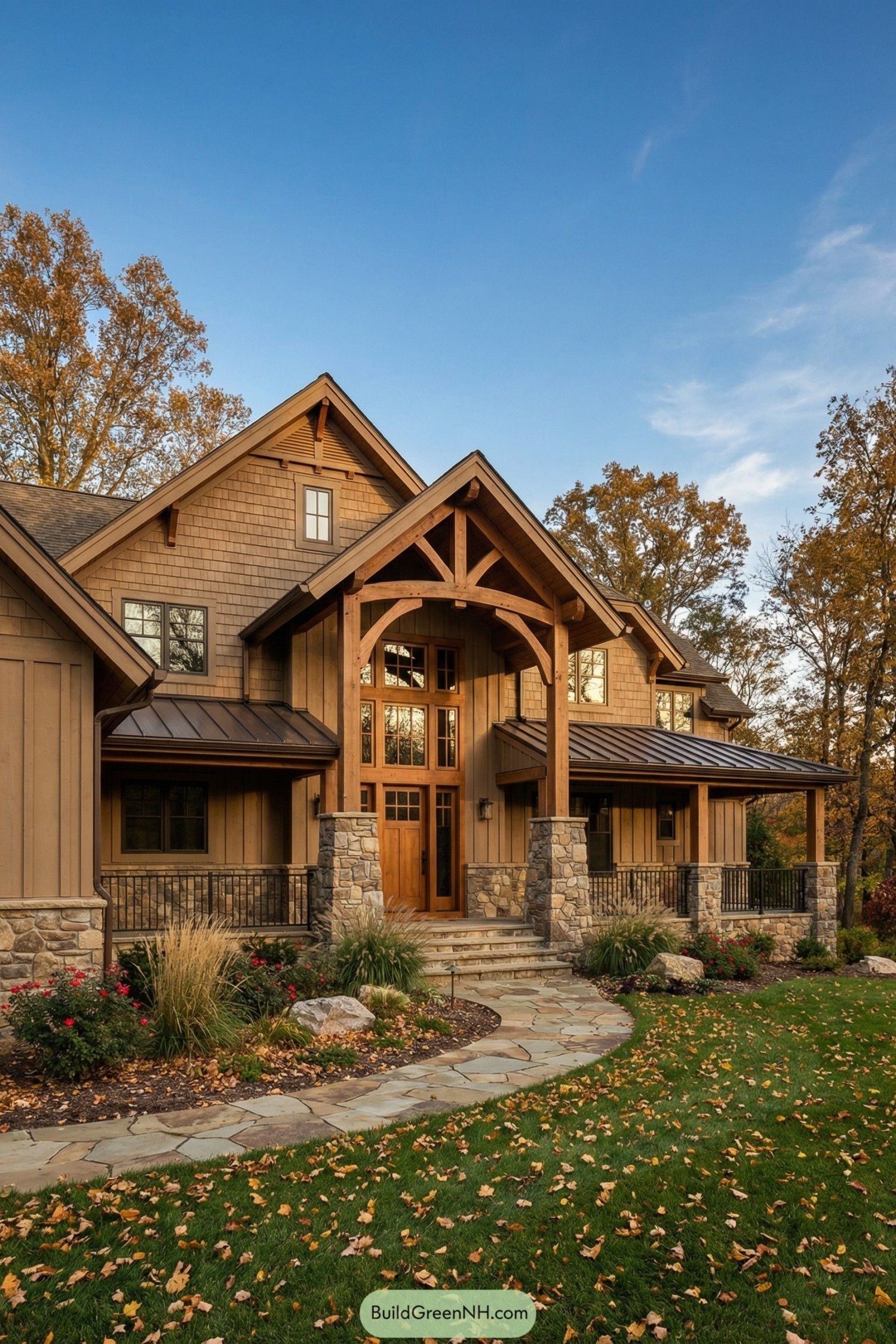 Warm timber and stone two story house with tall gabled entry and landscaped path