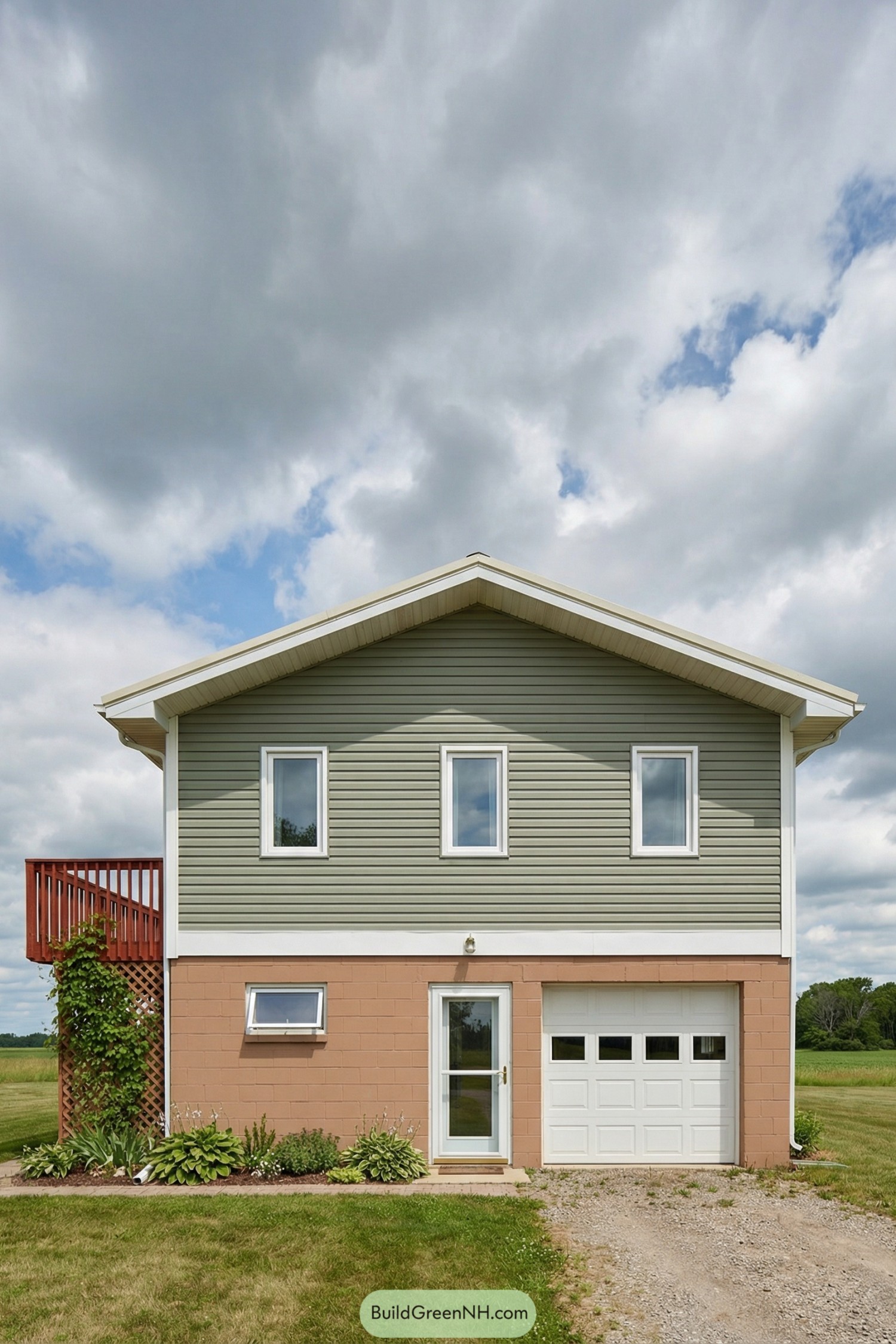 Two story green and tan rural house with side deck and attached garage under a cloudy sky