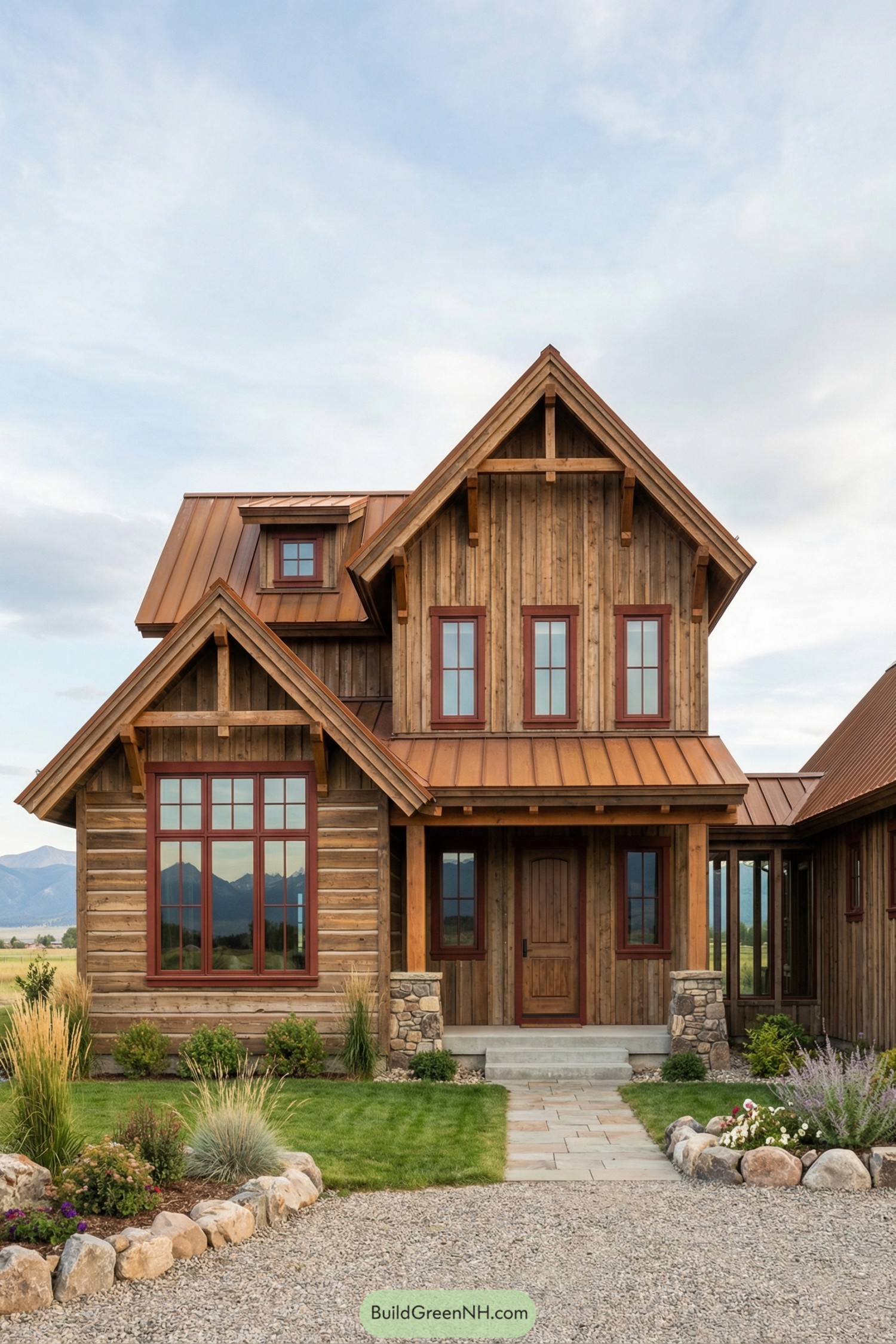 Two story rustic wood house with copper metal roofs large red trimmed windows and stone accented entry surrounded by simple landscaping