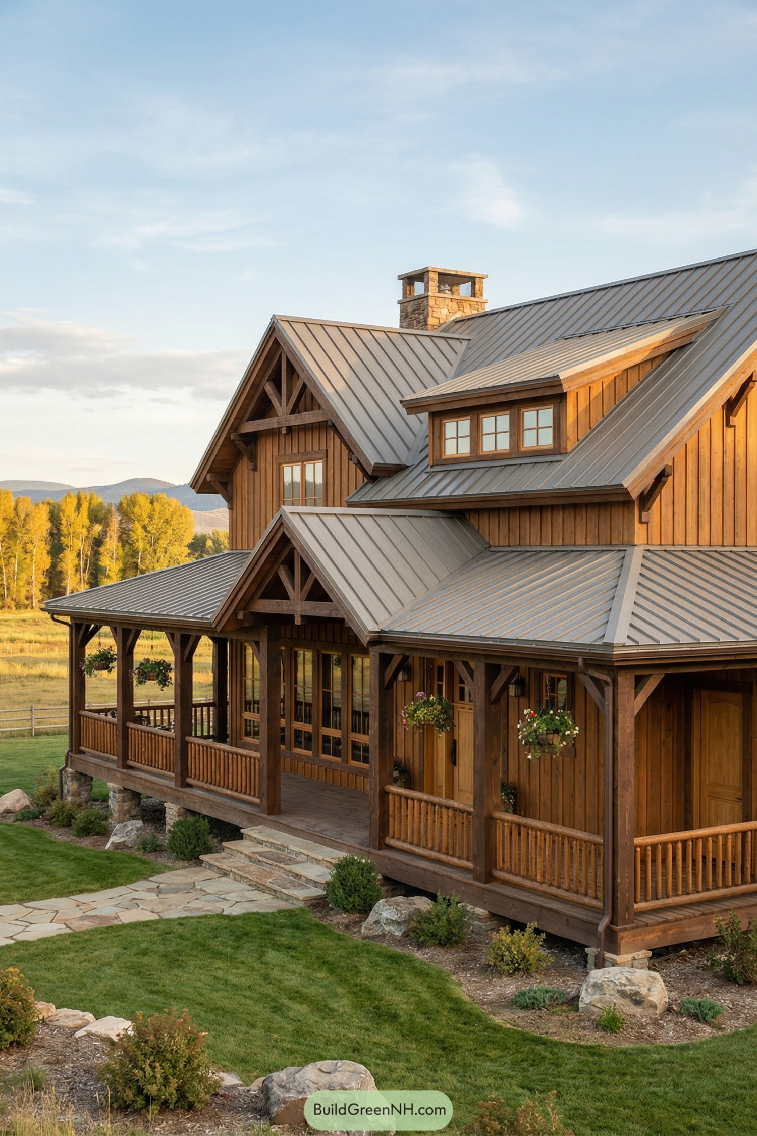 Warm timber farmhouse with metal roof and wraparound porch