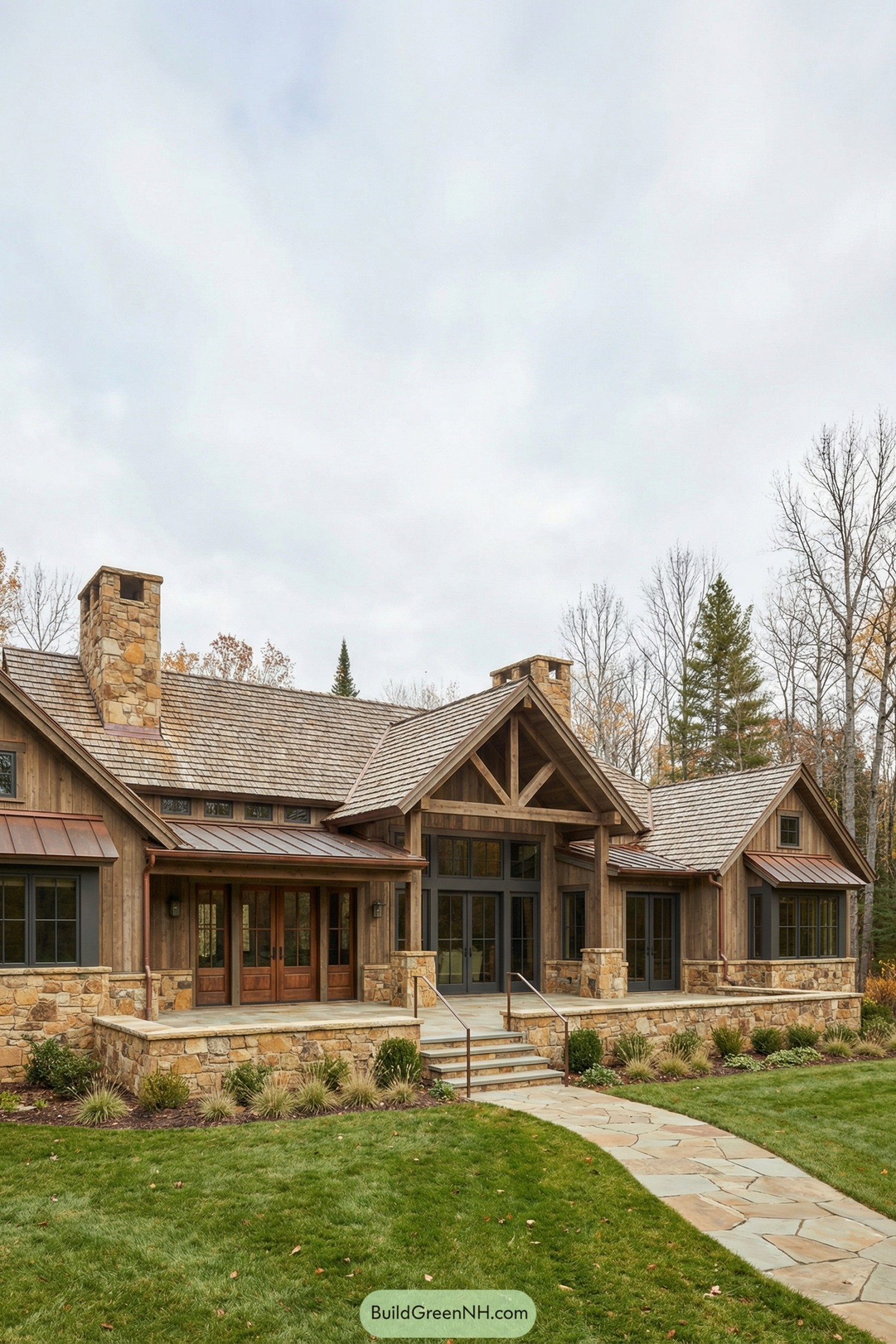 Rustic wood and stone lodge style house