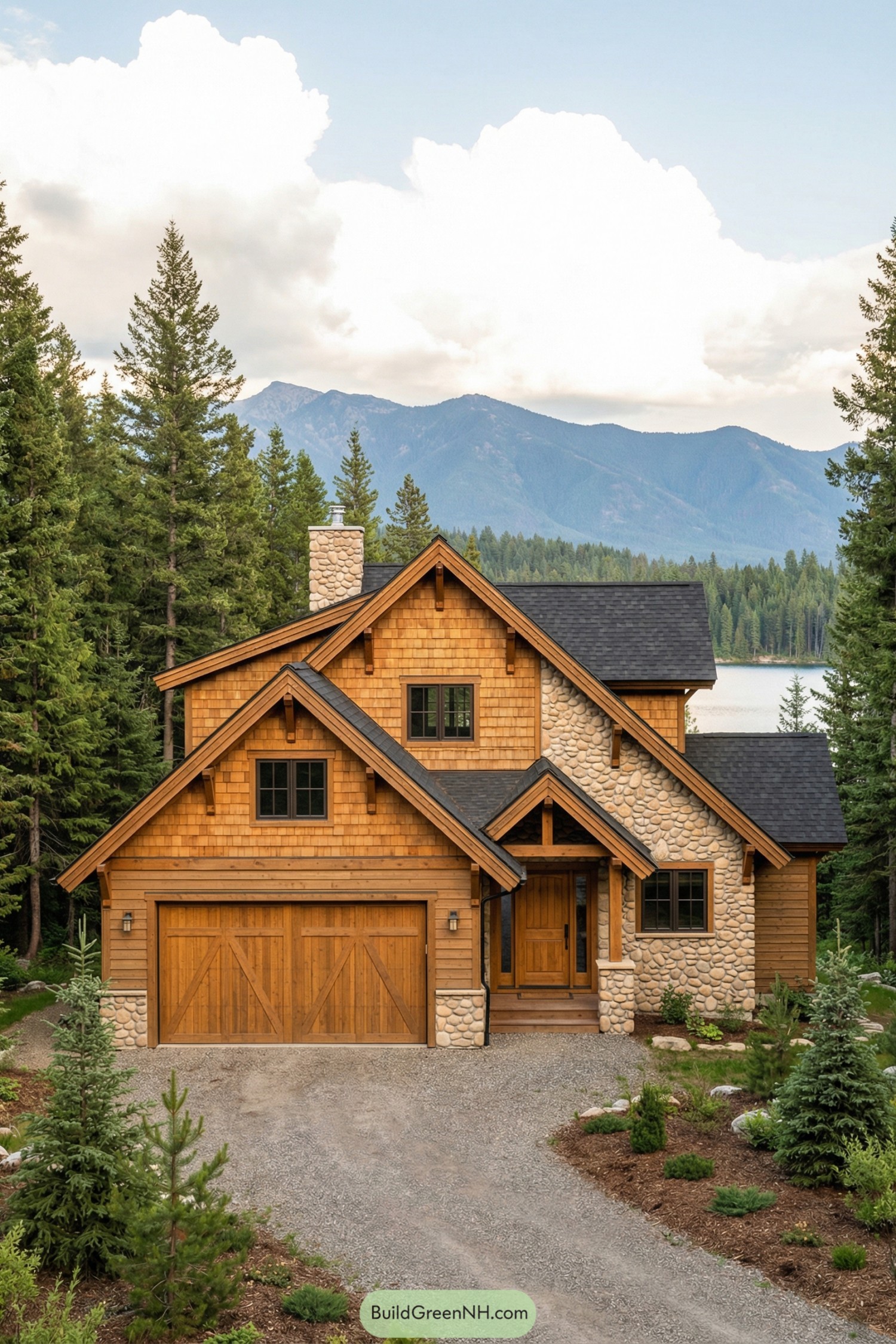Warm wood and stone cabin by a forested lake with mountain backdrop