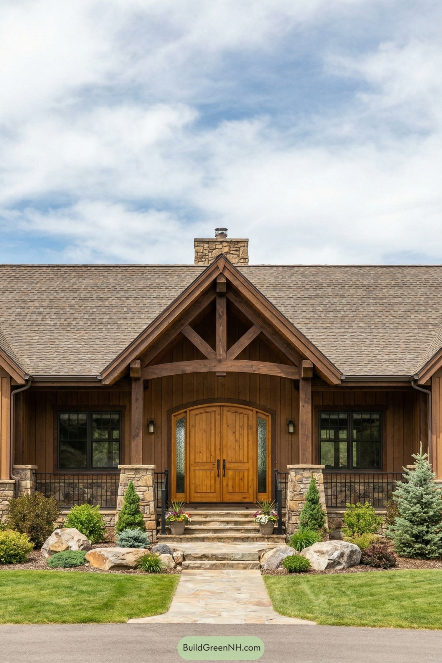 Rustic ranch home with gabled timber porch