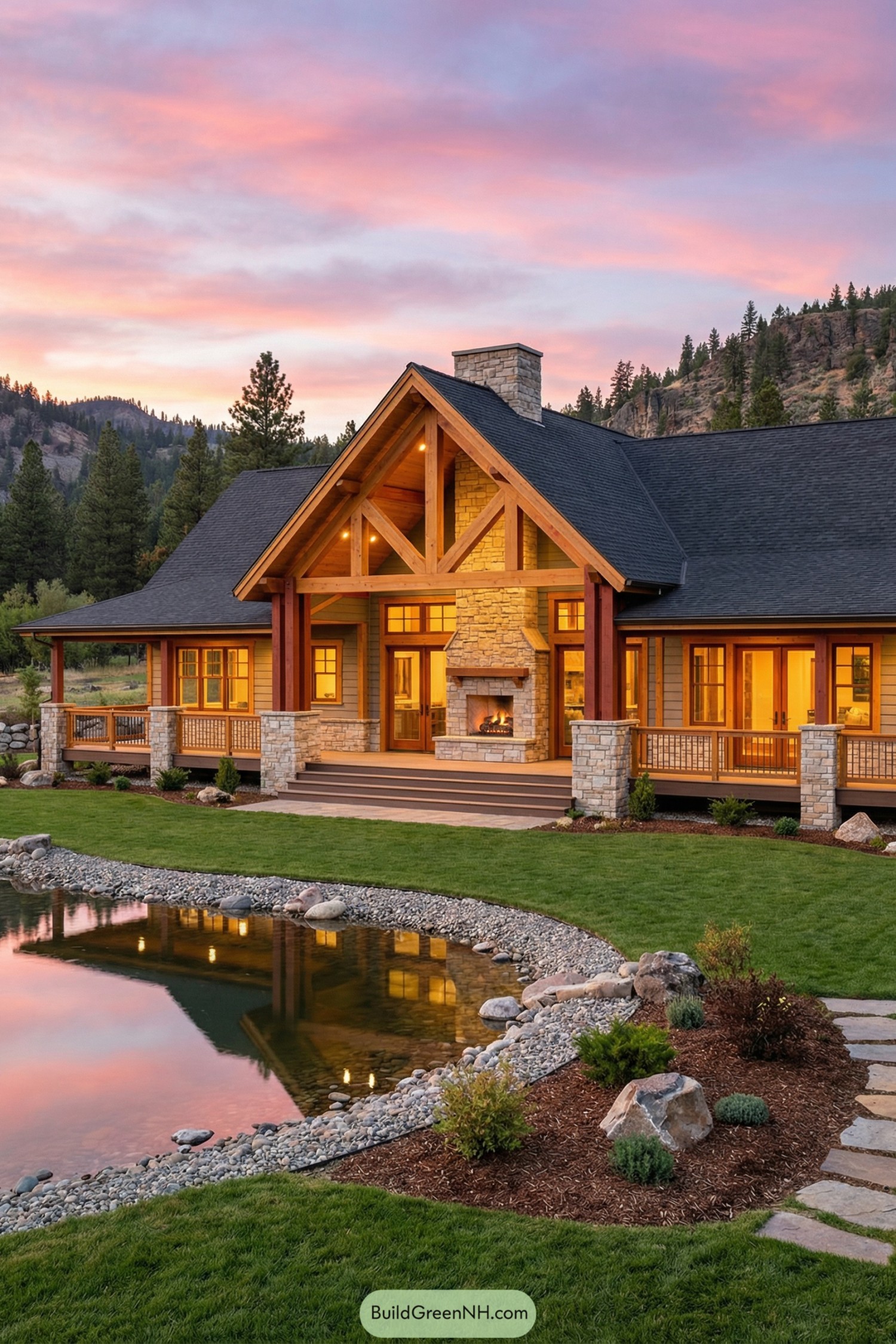 Warm timber lodge home beside pond at sunset
