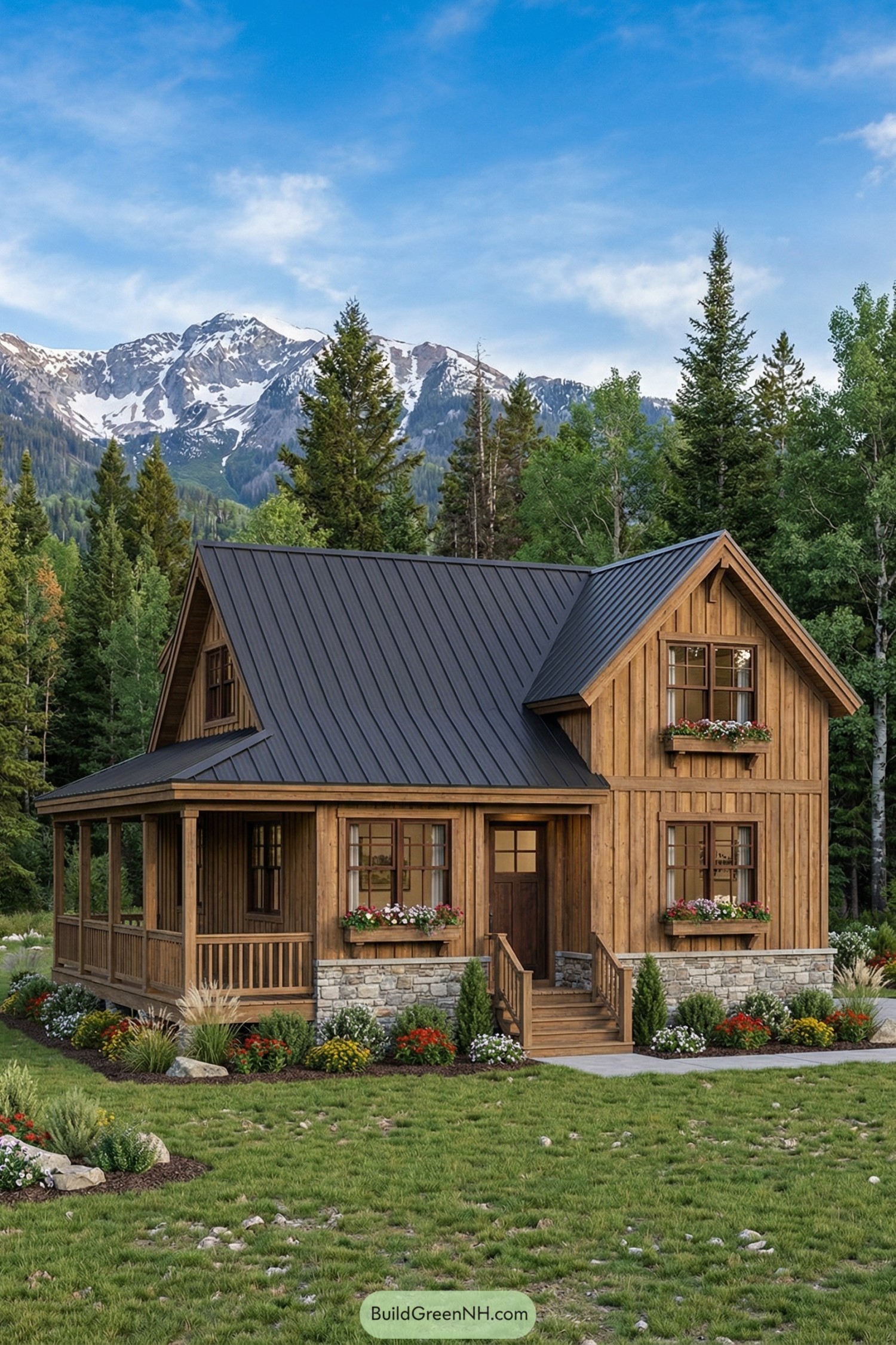 Cozy wood cabin with metal roof, wraparound porch, and stone base set in a mountain landscape