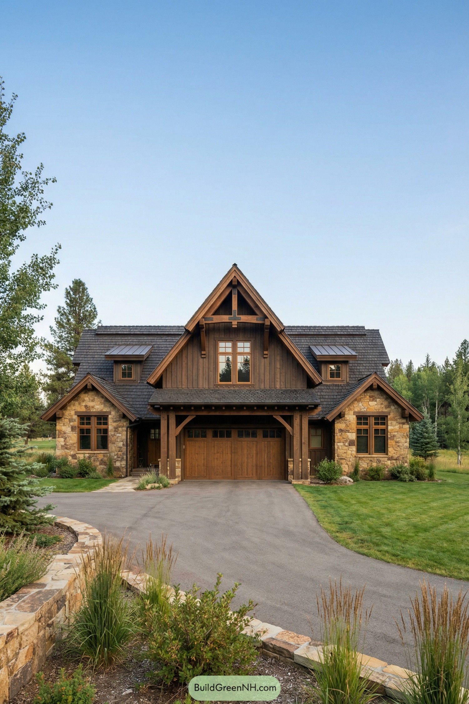 Two story rustic house with dark wood siding stone accents and a central gabled garage