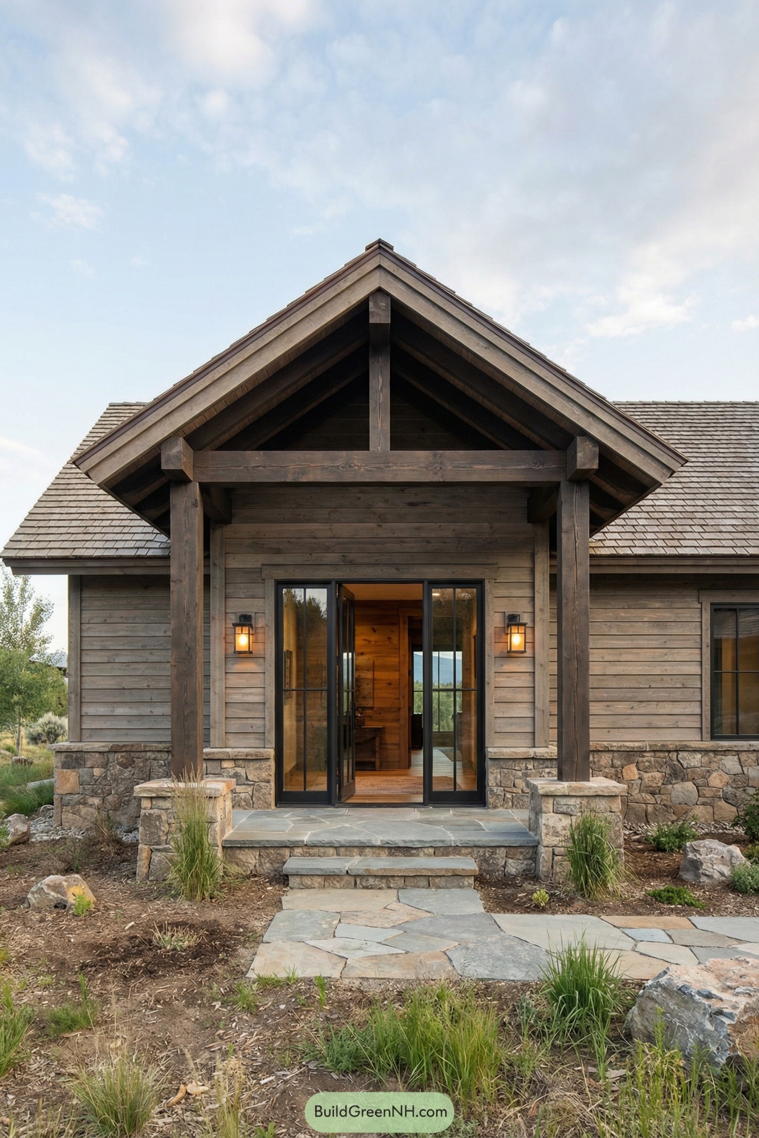Wood and stone front entry of rustic house