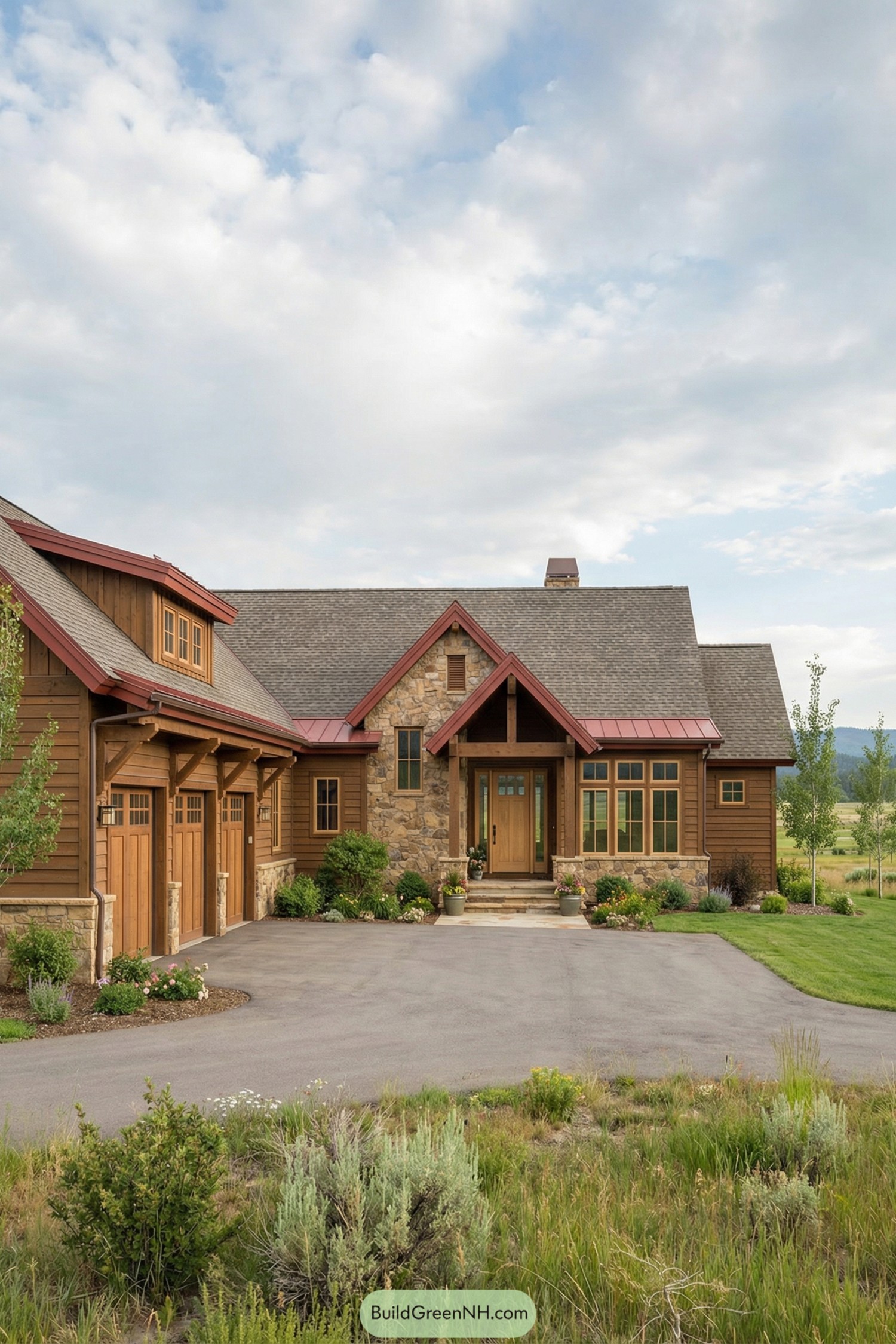 high-res photo of Western Style House Exterior, sprawling single-story lodge-style facade with strong central gable and flanking wings, warm earthy color palette with medium brown timber, tan stone accents and muted red metal trim, elongated rectangular footprint with low roofline and integrated three-car garage volume on the left, exterior materials in horizontal wooden siding, natural fieldstone veneer at the central bay and base, and timber structural beams and brackets, large continuous asphalt-shingle gable roof with multiple shed dormers and one prominent front gable over the entry, windows in mixed configurations of narrow vertical casements and grouped picture windows with divided lights and light-wood frames, central wooden entry door with glass panels framed by sidelights beneath a deep timber portico, secondary doors including a glazed French door on the right wing and paneled wooden garage doors with simple recessed patterns, outdoor area featuring a wide paved driveway curving in front of the house and a small stone step entry with potted plants, landscaping with neatly edged green lawn, ornamental shrubs, low flower beds, and naturalized meadow grasses with wildflowers in the foreground, surrounding background of scattered young trees, distant low hills and open countryside under a partly cloudy sky, single real-life photo, high-resolution, architectural photography, soft lighting, cinematic composition, strictly no collages.