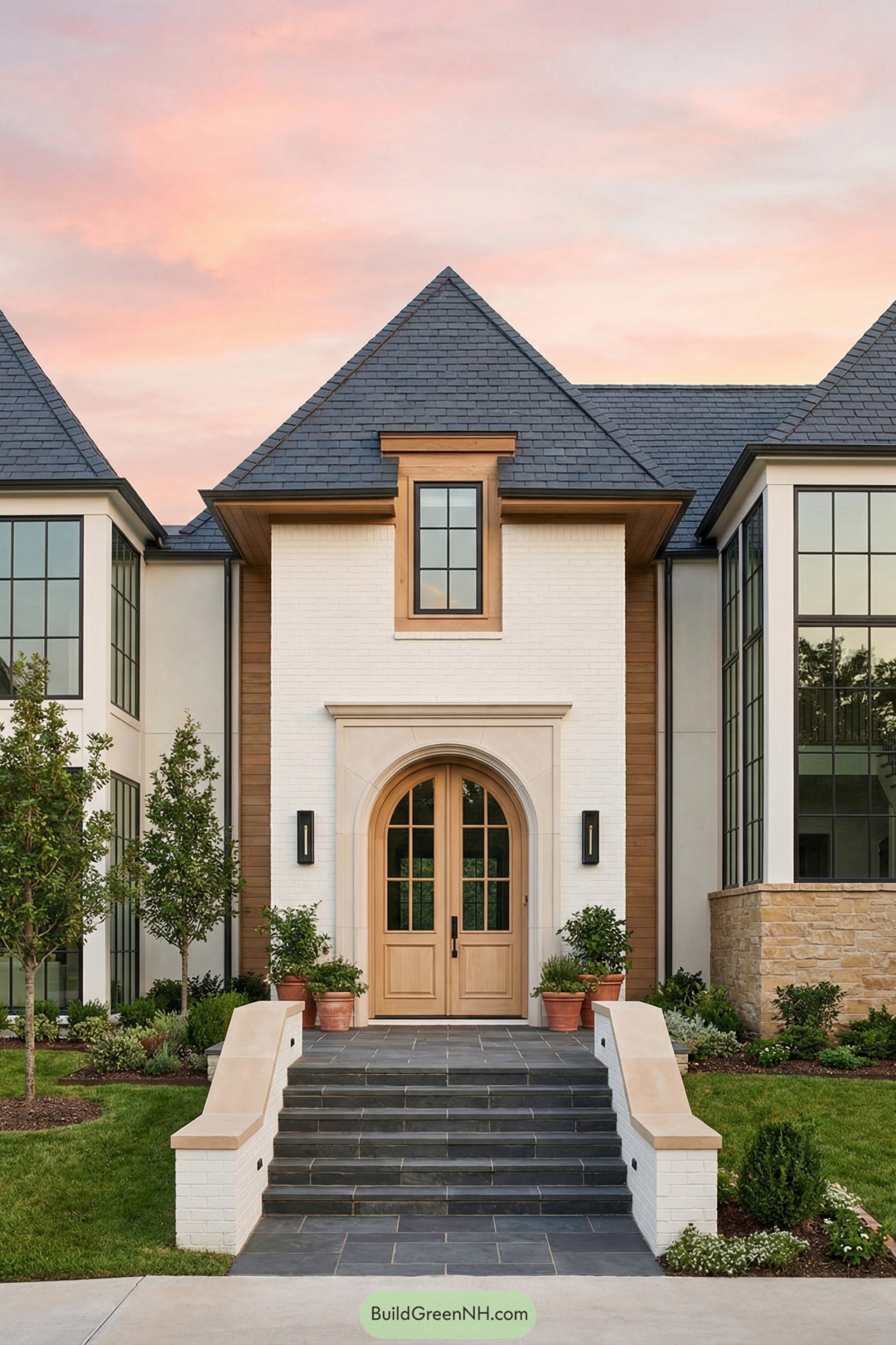 Front view of a modern manor with steep slate roofs and arched wood front door