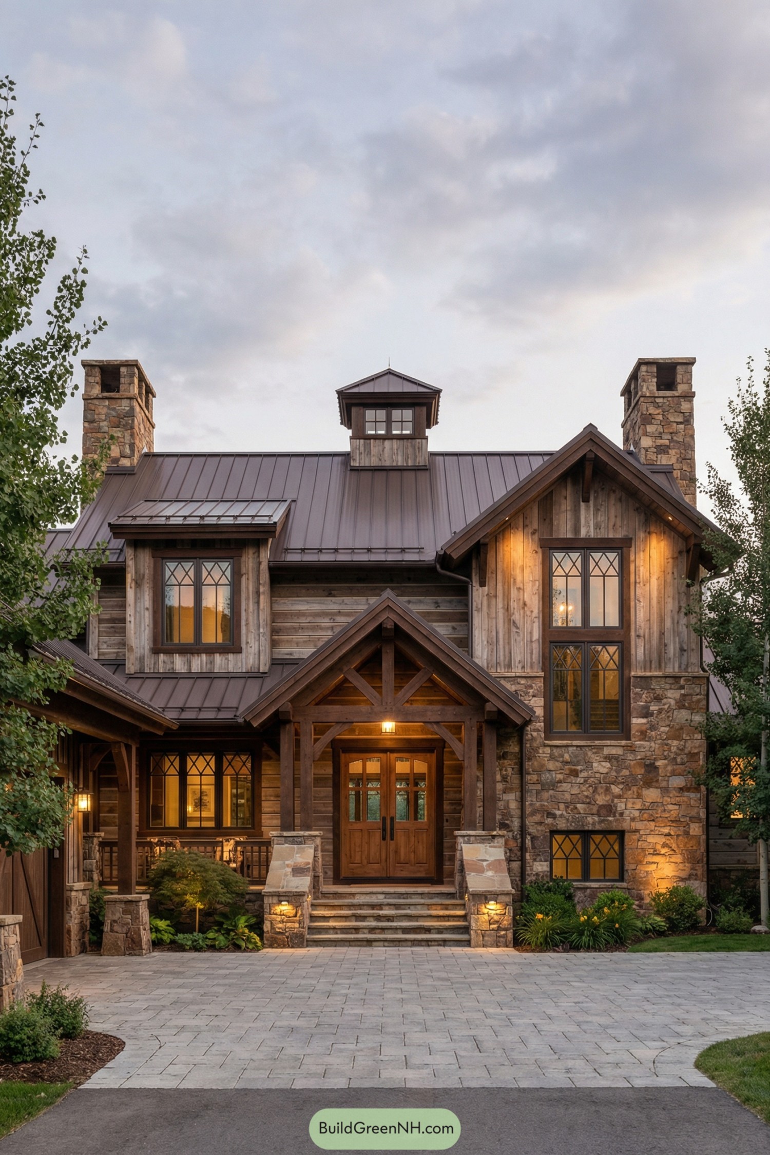 Rustic timber and stone mountain house at dusk