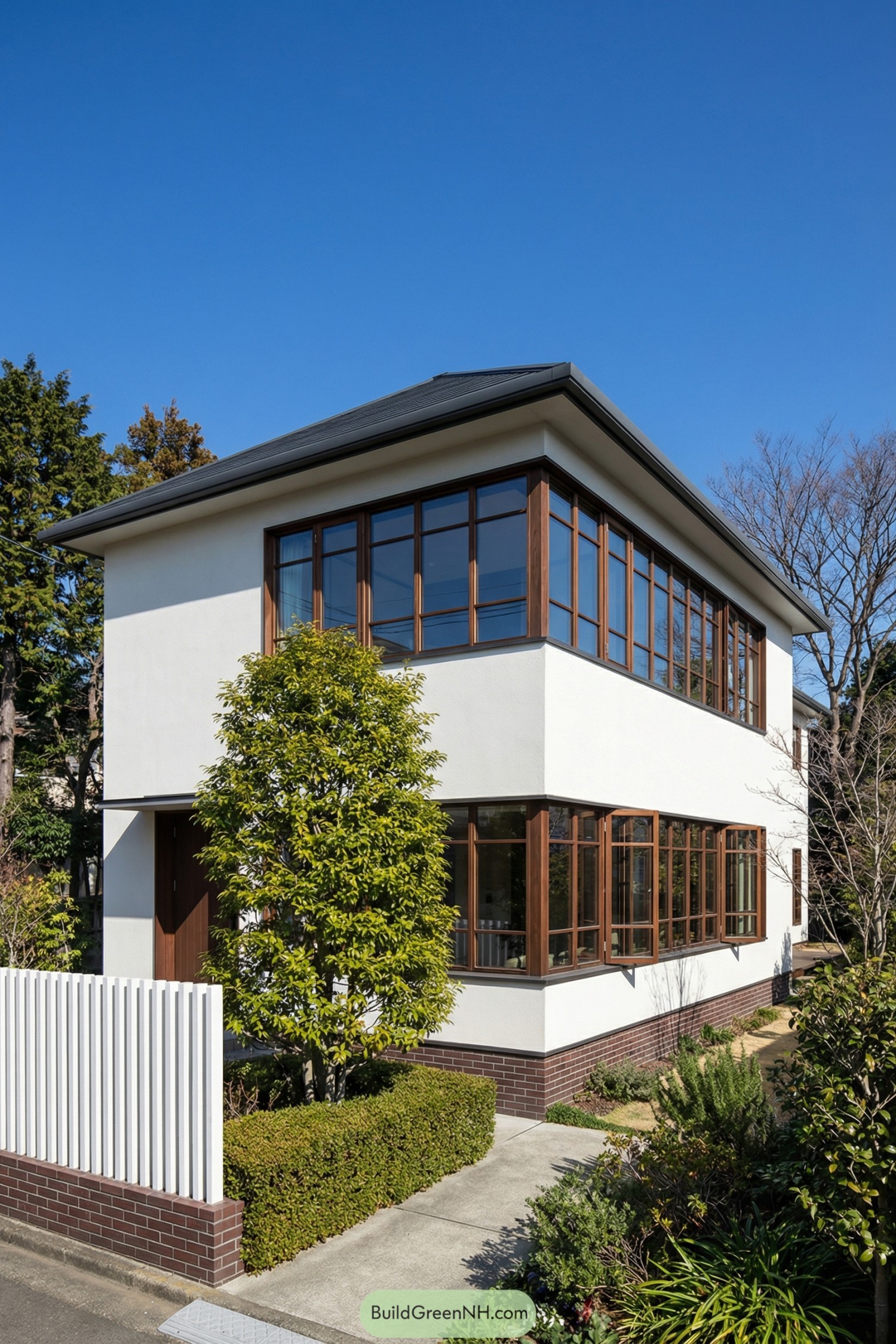 Two story white house with tall wood framed windows