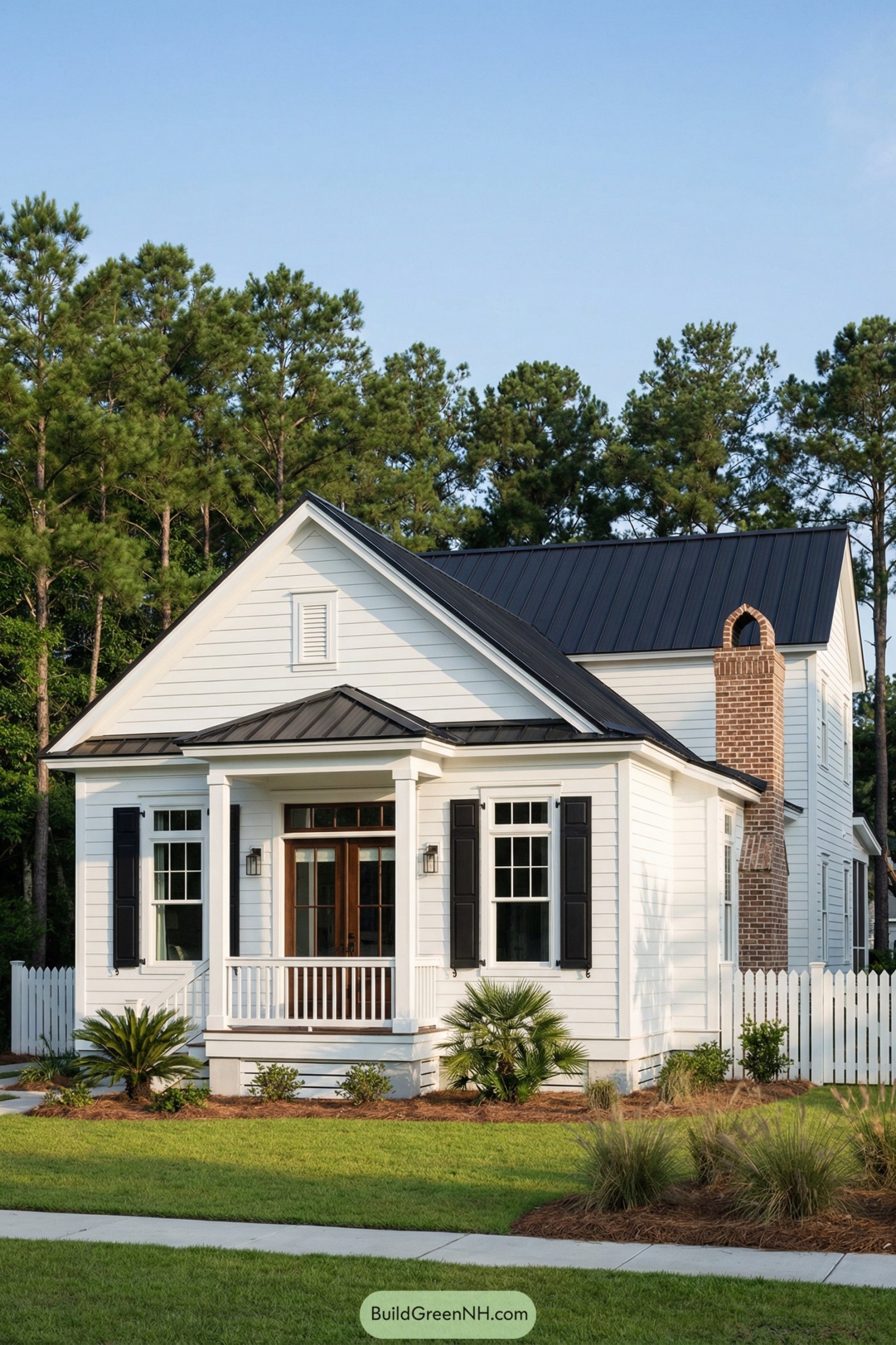 White cottage with black metal roof and brick chimney framed by simple landscaping