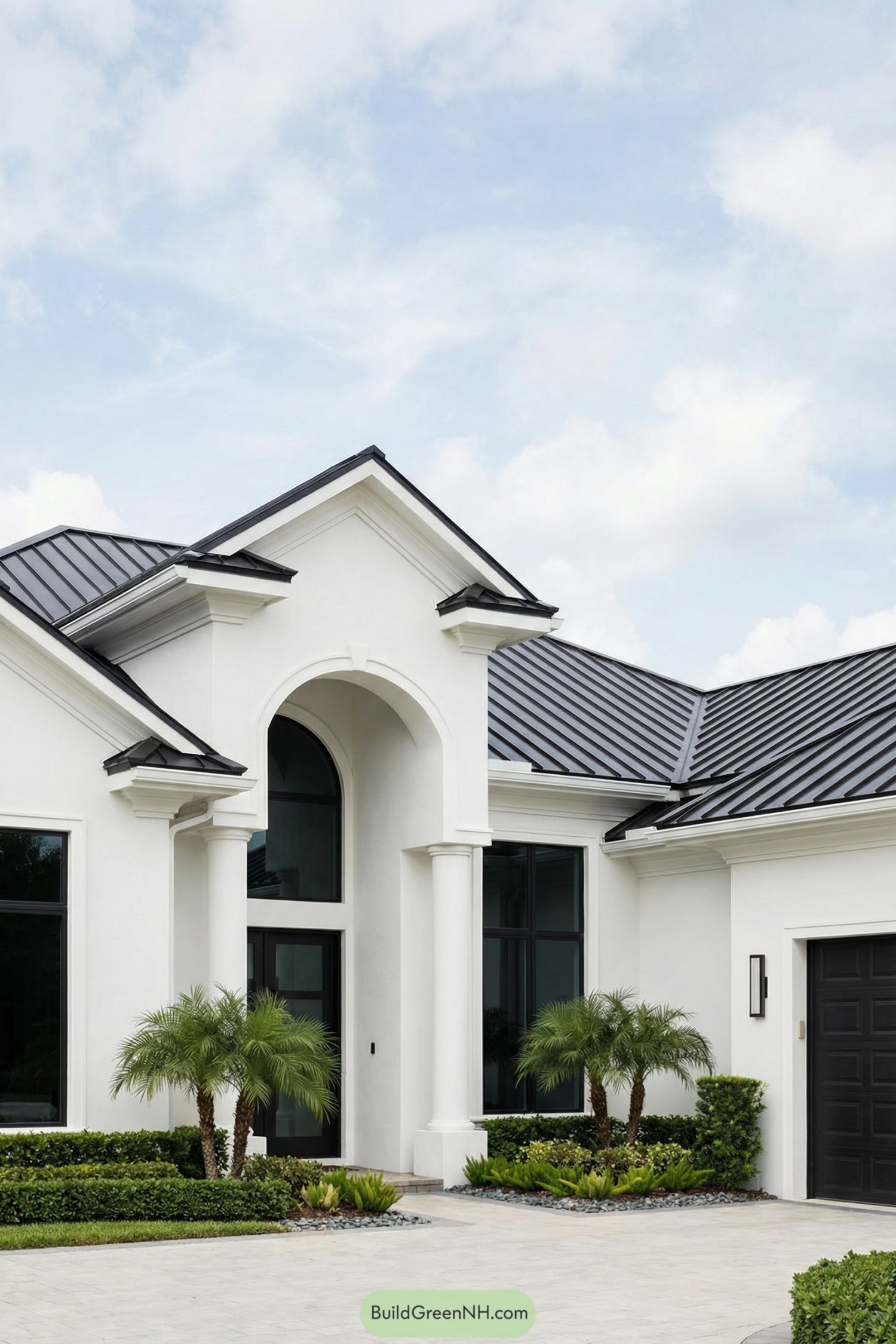 Modern white stucco house with tall arched entry, black metal roof, and manicured tropical landscaping