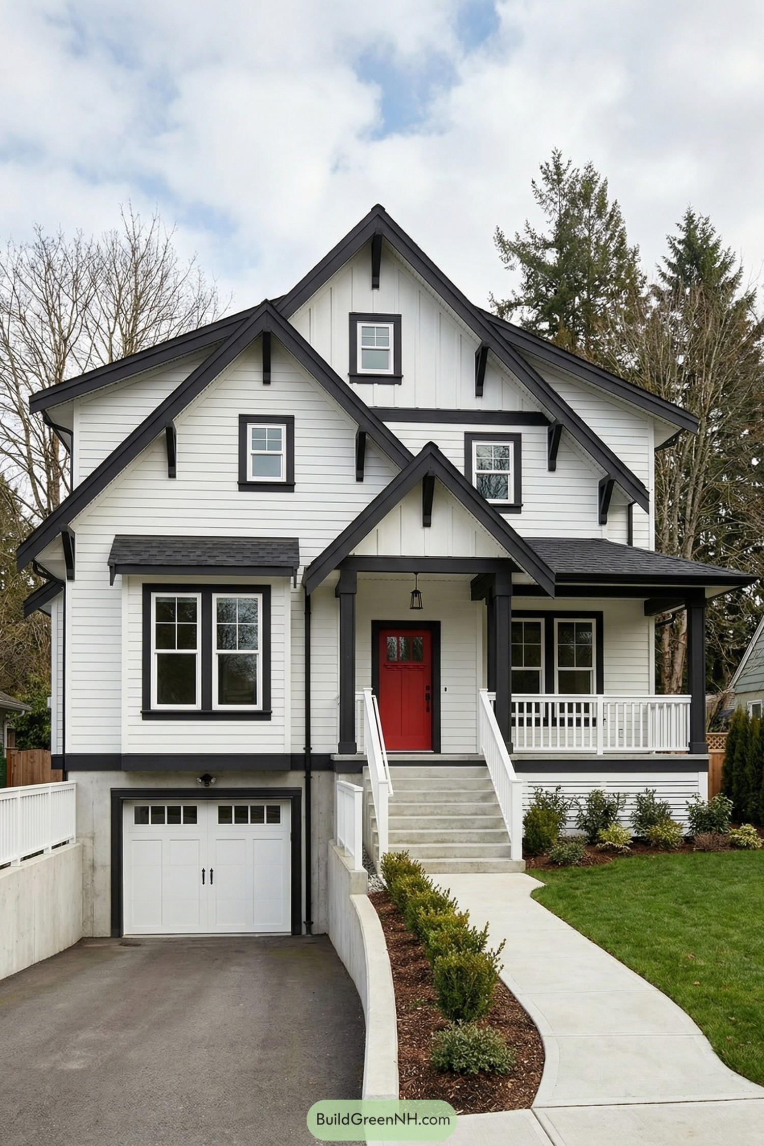 White two story house with black roof trim and bright red front door