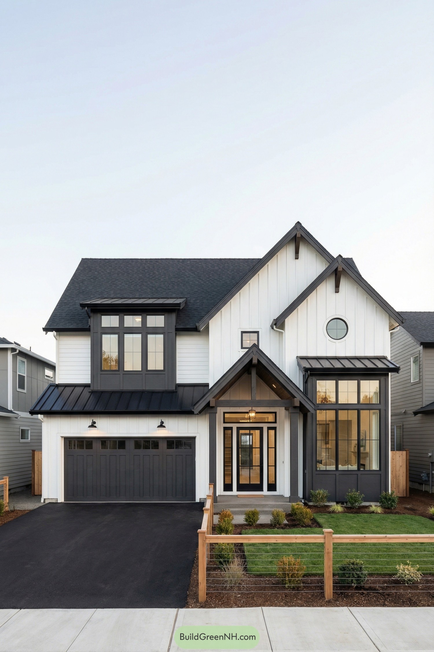 Modern white two story house with black roof and trim large front windows and small fenced yard