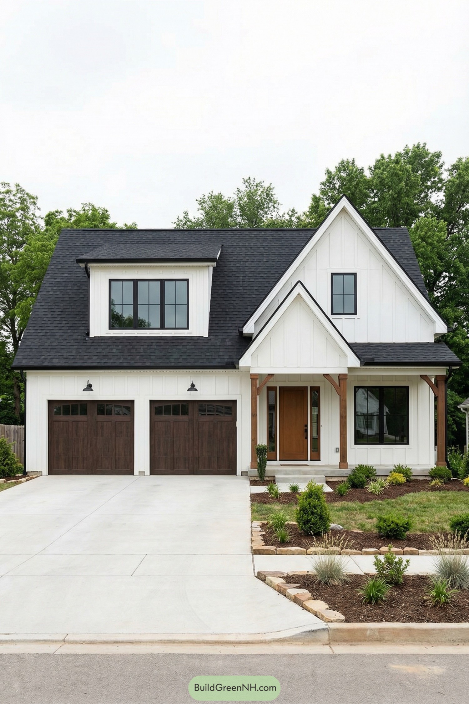 White modern farmhouse with black roof and rich wood accents