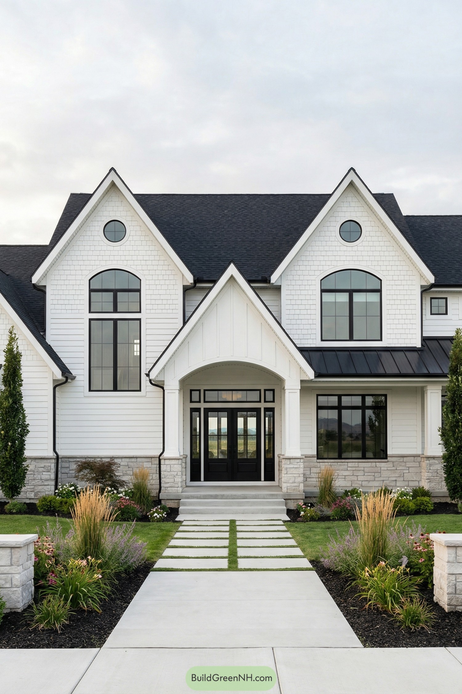 high-res photo of white house black roof, front facade in transitional modern style with steep front-facing gables, central arched entry volume, clean vertical lines, and balanced symmetry. White exterior in mixed horizontal siding and shingle-style cladding above, with light gray stone veneer base wrapping the lower walls and porch columns. Overall structure is two-story with varied roof heights, projecting gable masses, and a shallow side wing on the right. Roofing in deep charcoal-black asphalt shingles with crisp overhangs, plus a black standing-seam metal shed roof above the right-side ground-floor windows. Windows are large, black-framed, with a mix of tall rectangular picture windows, divided upper panes, and prominent round-top and circular windows in the upper gables; glass is clear and slightly reflective. Main entry door is centered, black, double, full-lite with grid muntins, framed by sidelights and a small rectangular transom, recessed under a white arched porch supported by square stone-clad columns and white trim. Flanking wall sconces in black metal and glass, and a hanging lantern-style pendant under the arch. Outdoor area includes a straight light-gray concrete walkway leading from foreground to porch steps, with large square pavers and grass joints near the front edge, and a matching low stone pillar on the left. Decorative upright stone monoliths and boulders arranged in a planted bed on the right side of the path. Landscaping is lush and manicured with dark mulch beds, small shrubs, ornamental grasses, flowering perennials, low groundcovers, and neatly cut green lawn; tall narrow evergreens frame the house edges. Background shows open suburban or semi-rural surroundings with distant low hills or mountains, neighboring structures faintly visible to the sides, and a soft overcast sky providing even, diffused daylight. single real-life photo, high-resolution, architectural photography, soft lighting, cinematic composition, strictly no collages