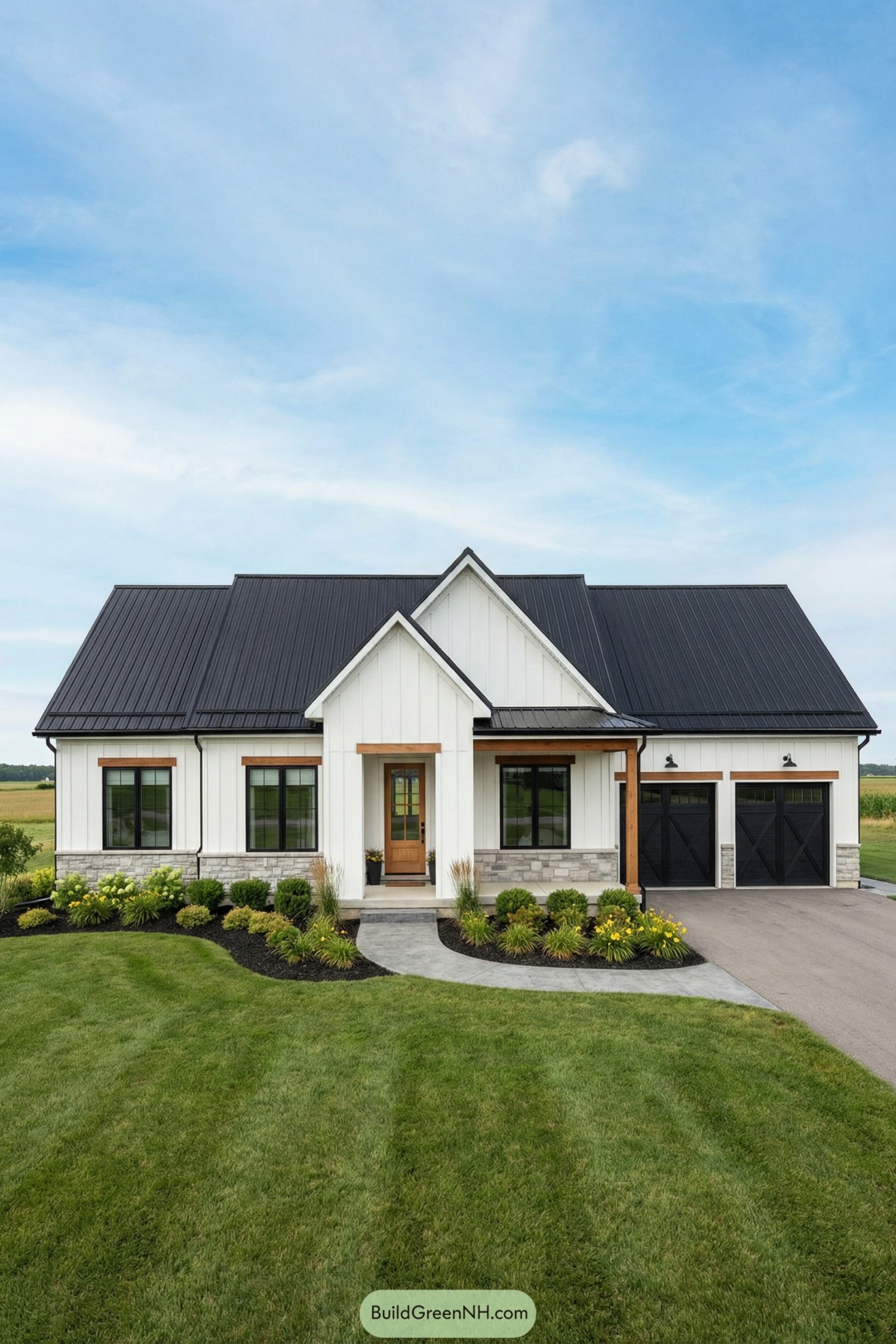 White board and batten house with black metal roof and double garage