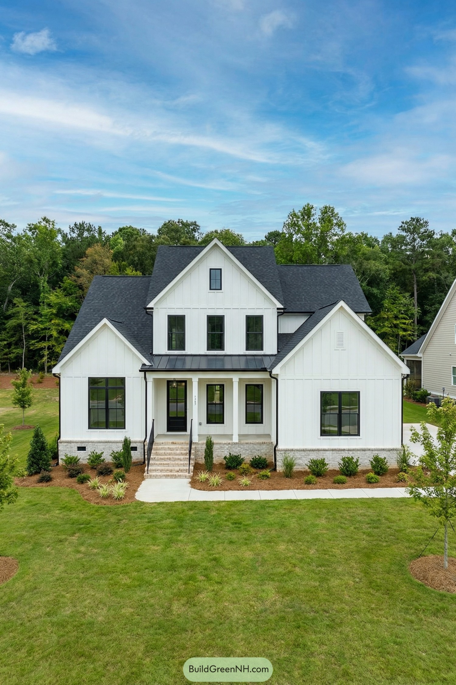 White farmhouse with steep black roof and front porch facing a wide green lawn