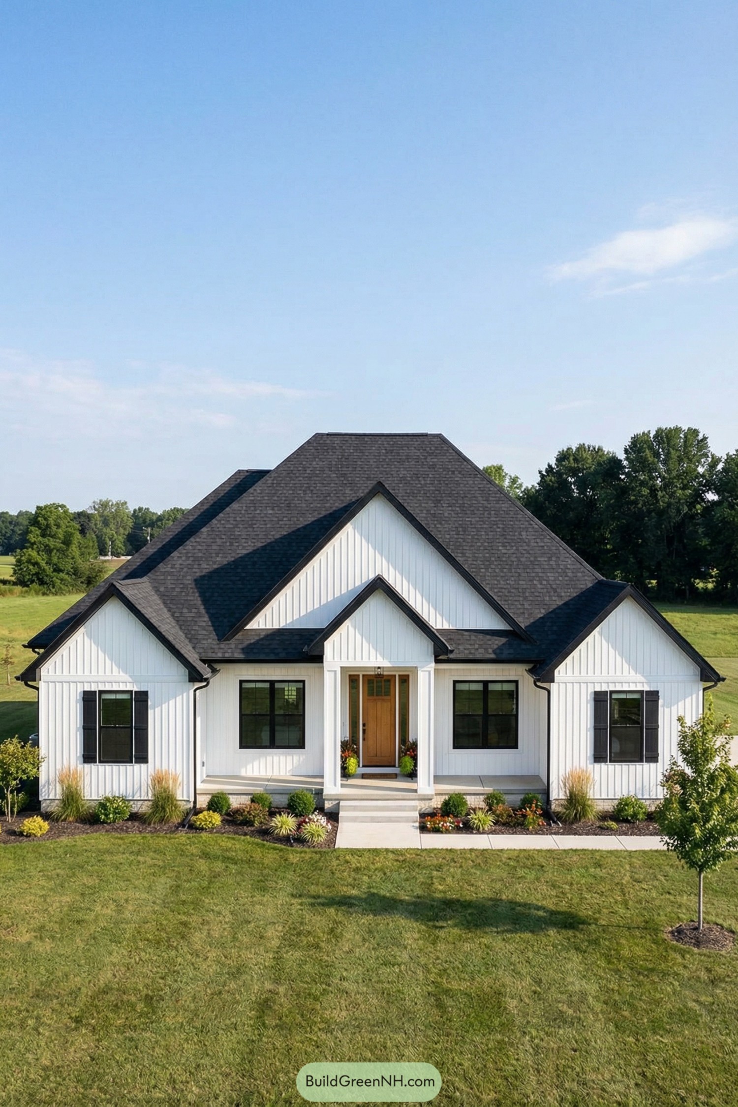 White farmhouse with black roof and trim