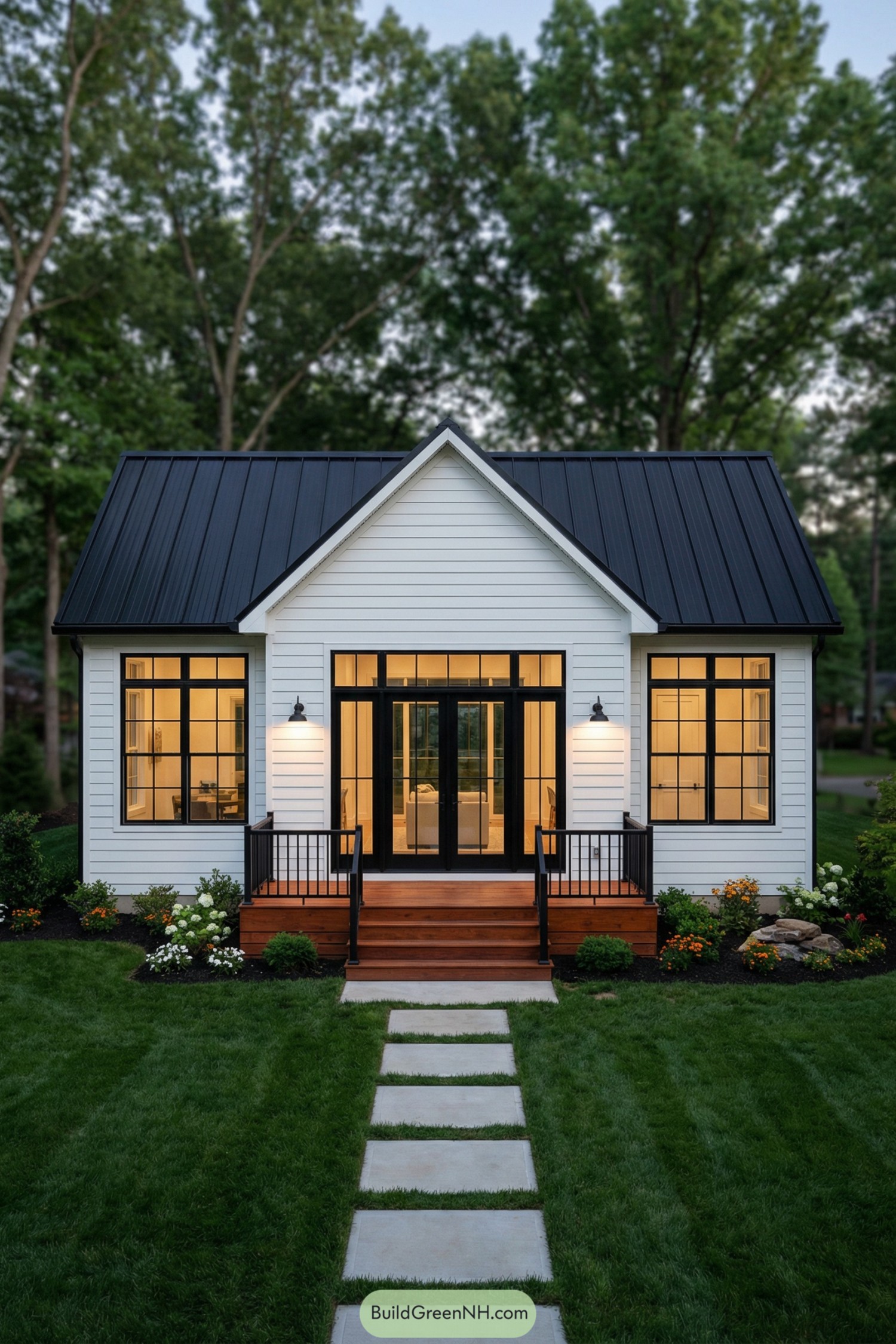 Small white house with black metal roof, glowing windows, and neat garden path