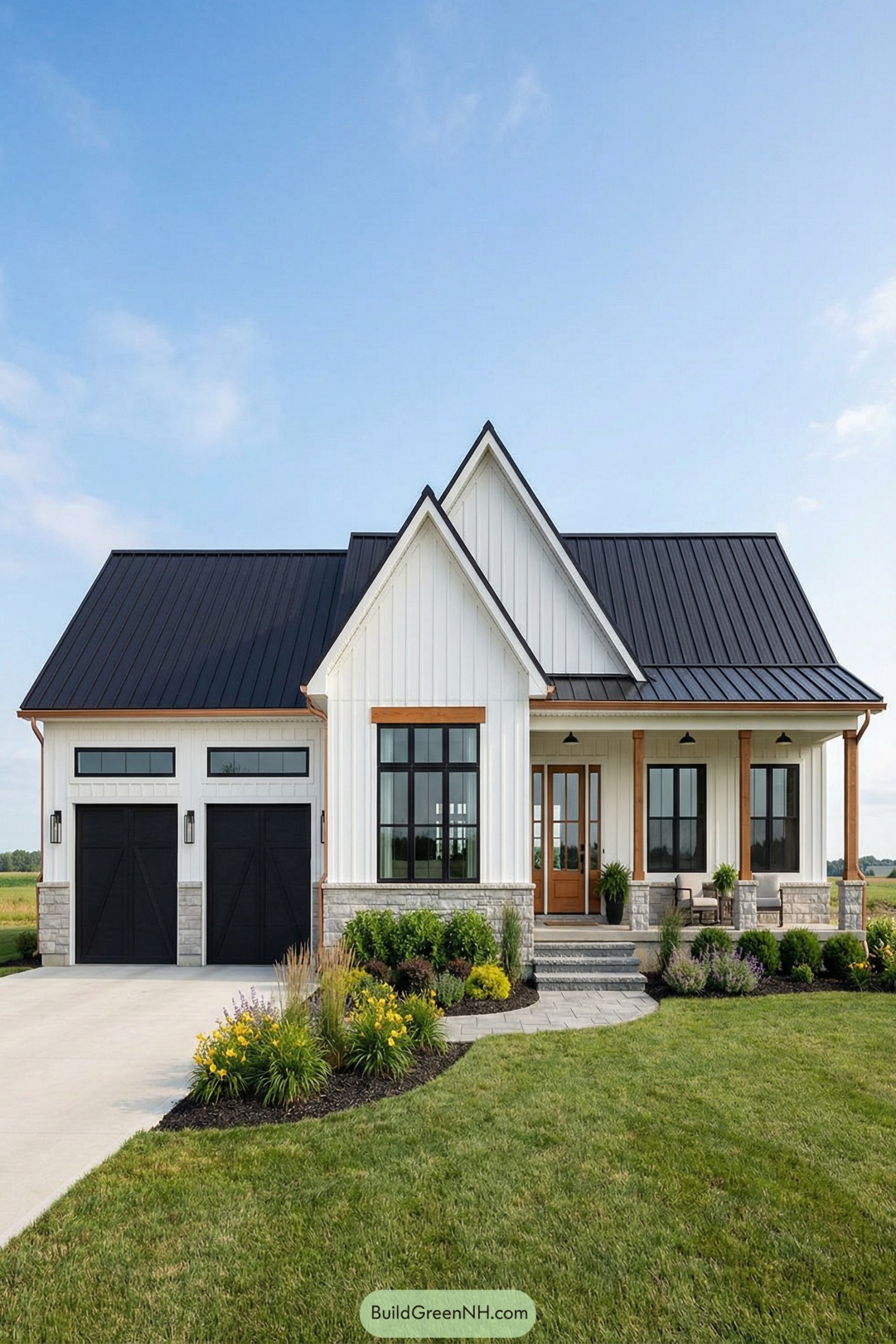 White farmhouse with black metal roof and front porch