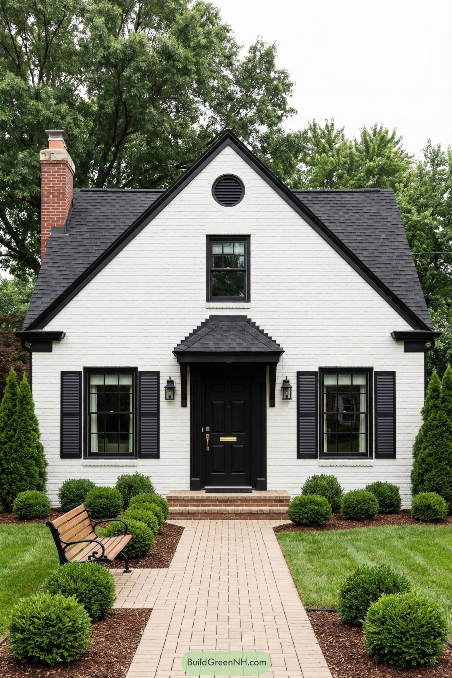 White brick cottage with black roof and shutters framed by neat shrubs and brick path