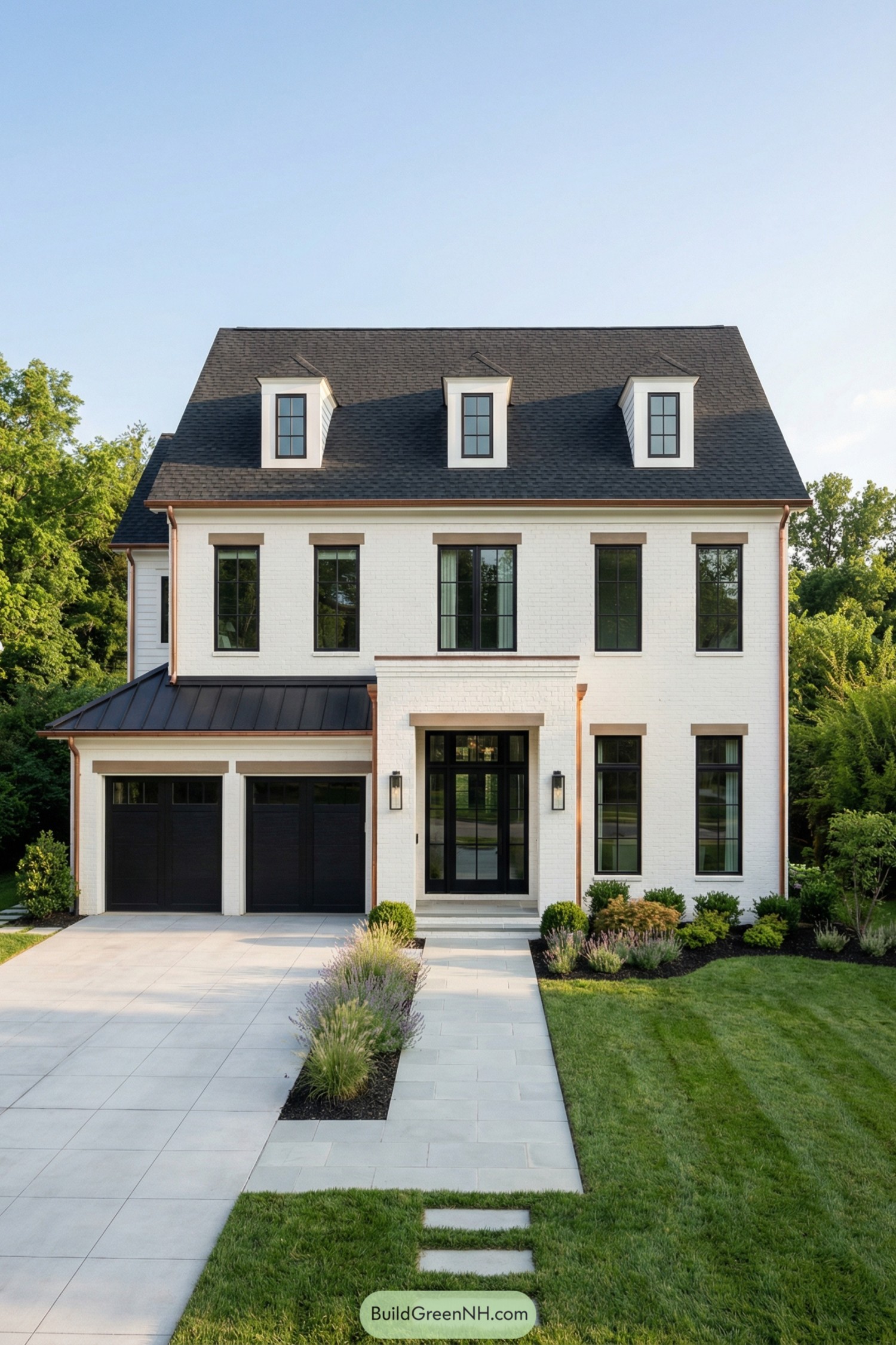White brick house with tall black roof, black windows, and manicured front yard