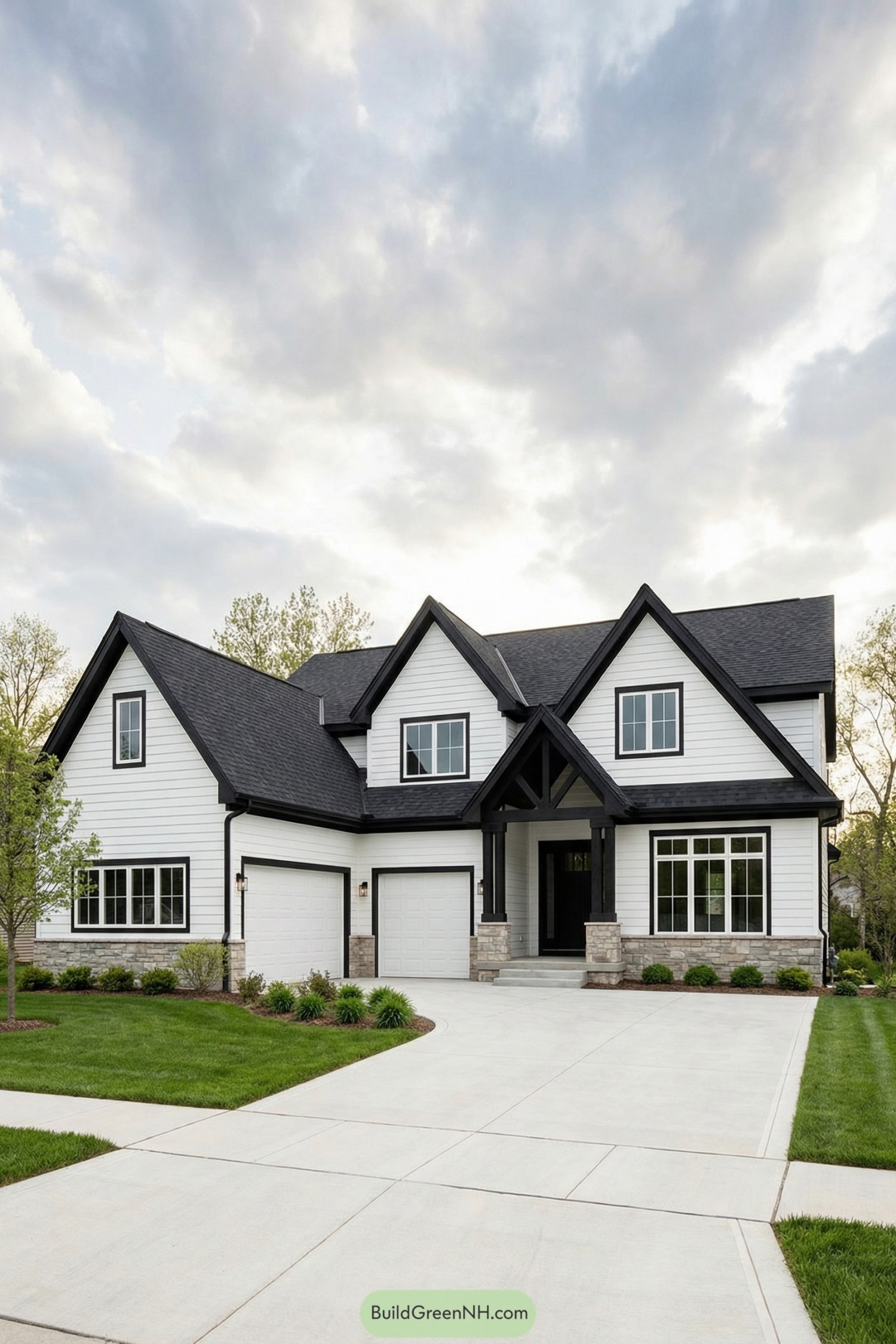 White two story house with black gabled roof and stone accents along a wide driveway