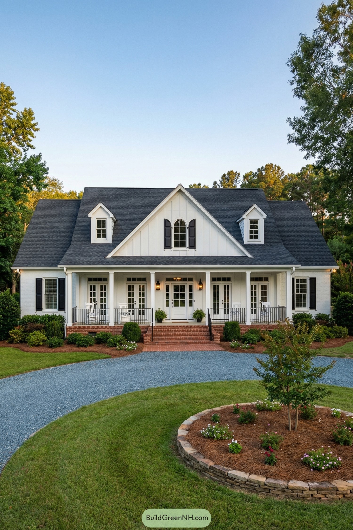 White farmhouse style home with black shutters and wide front porch