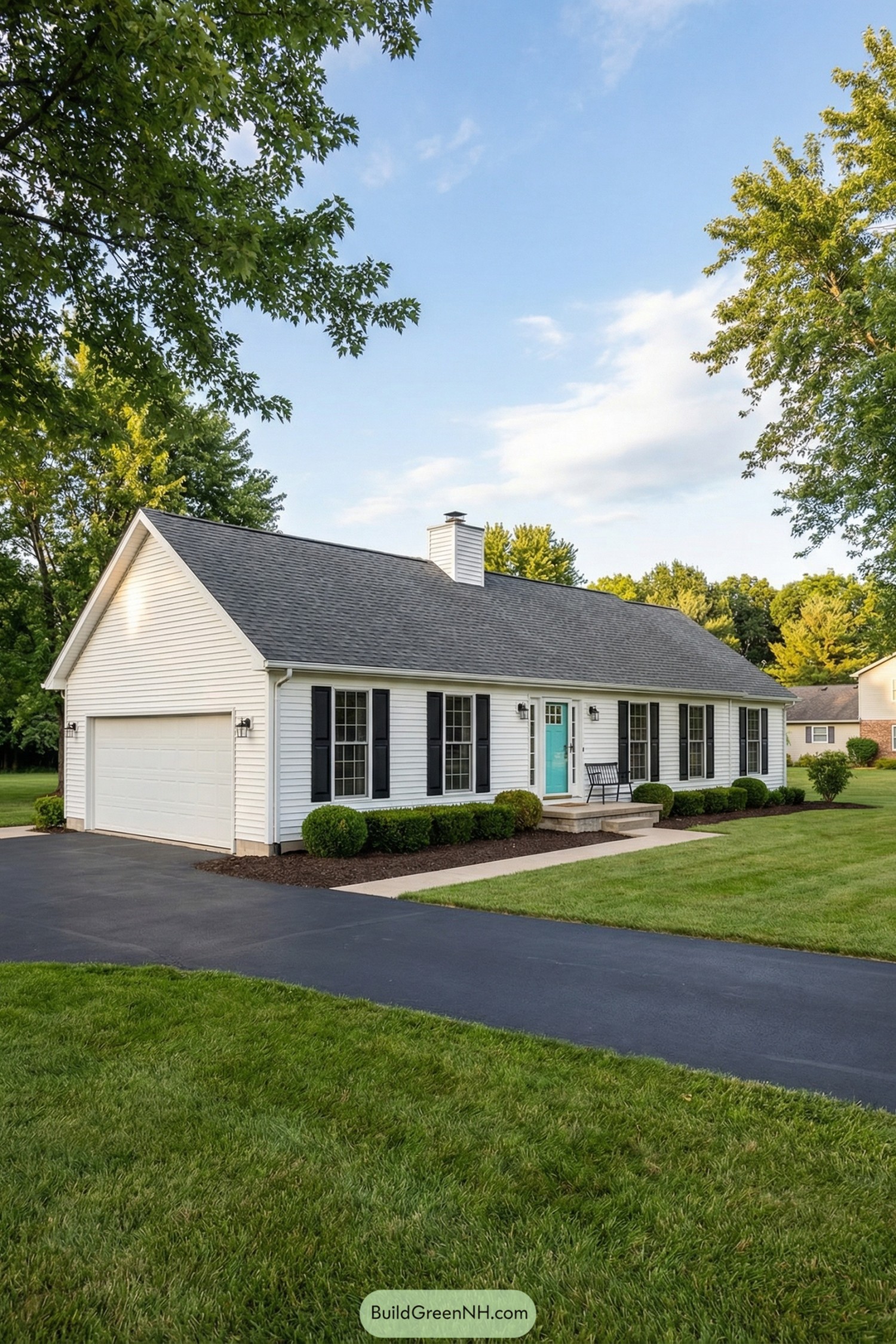 White ranch house with black shutters and aqua front door