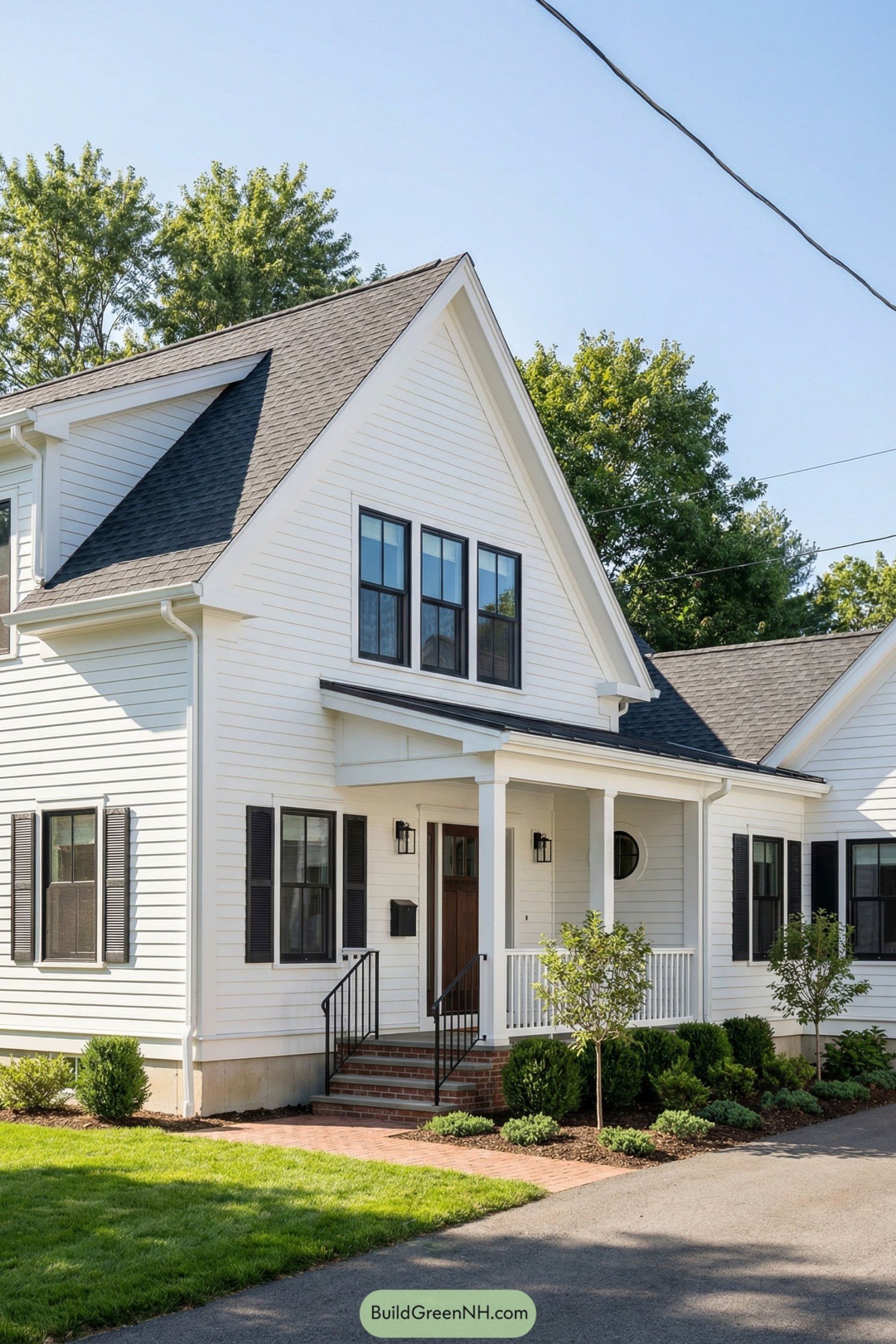 White gabled house with black shutters and a small covered porch