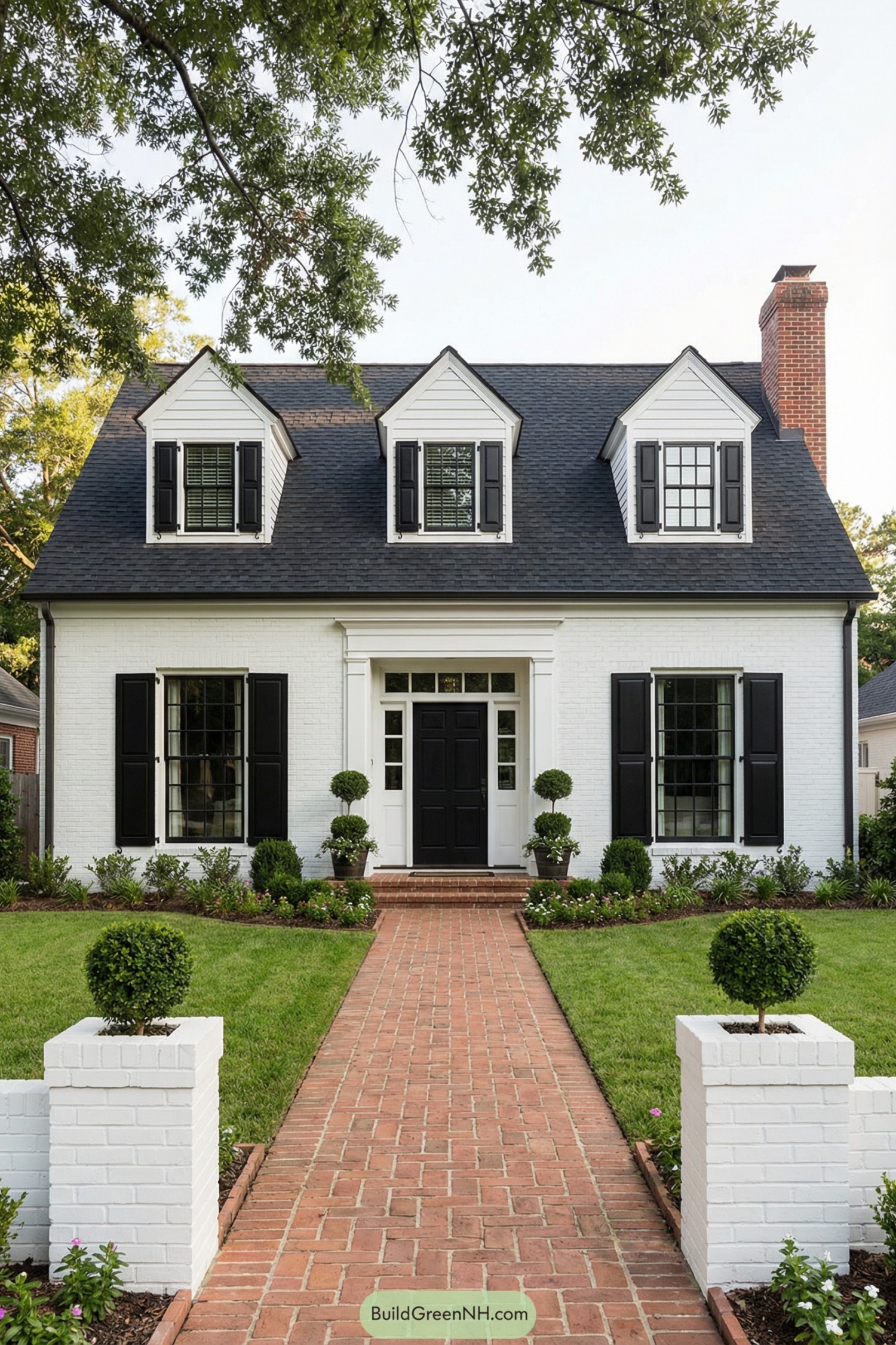 White brick house with black shutters and brick path flanked by low white walls and round topiary