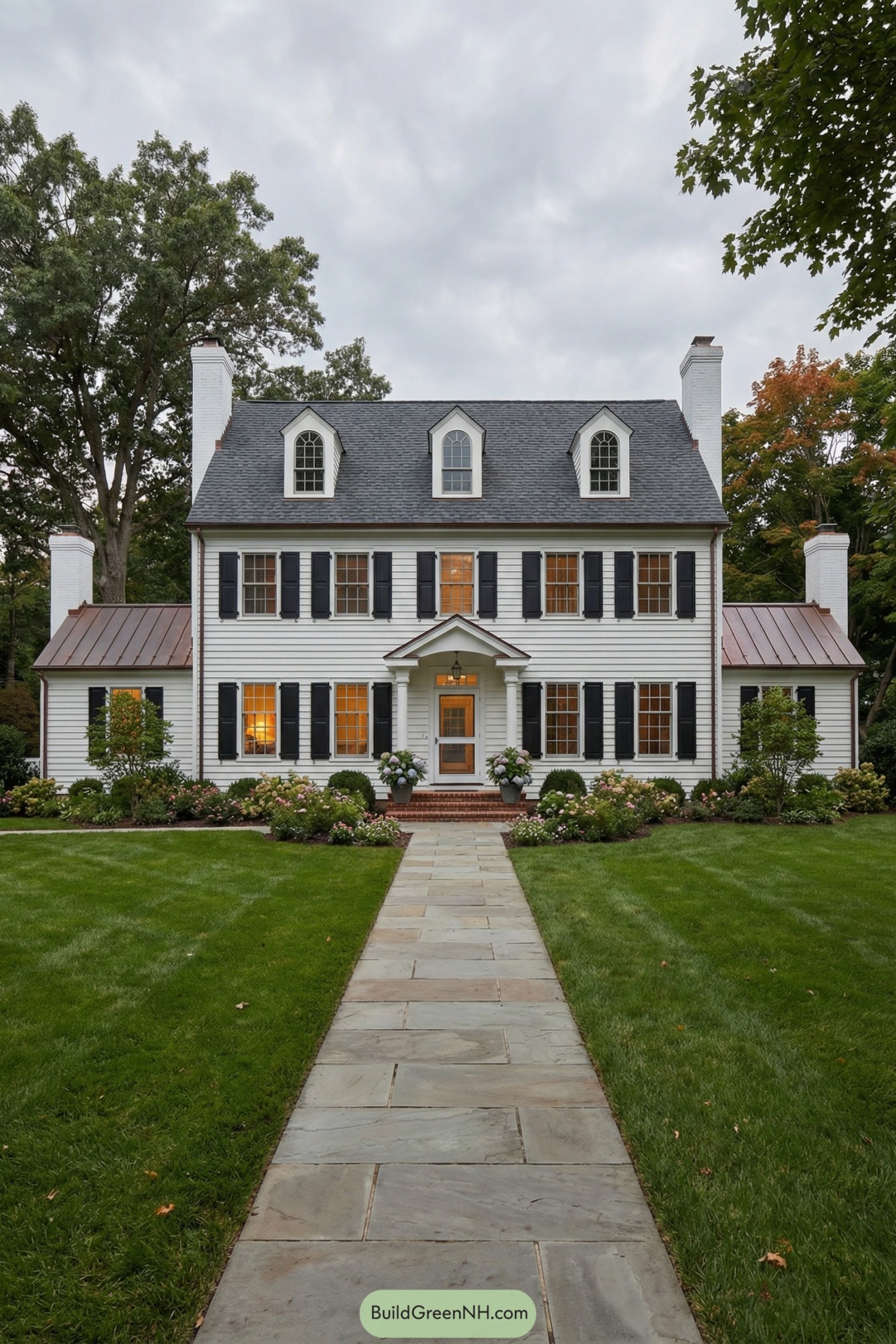 high-res photo of white house black shutters, symmetrical Colonial-style facade, long rectangular main block with two lower side wings, crisp white horizontal siding, dark charcoal-black shutters, white trim and cornices. Elongated, low gambrel roof on main block with dark gray asphalt shingles, three evenly spaced front dormers with arched tops and white siding, tall white chimneys at both ends and on side wings, copper standing-seam shed roofs over connecting side sections. Regular grid of tall, narrow, multi-pane double-hung windows, most with black shutters, dormer windows with smaller multi-pane sashes, some ground-floor windows glowing with warm interior light. Centered front door with glass storm door, simple white surround, small shingled gable hood on brackets, brick stoop, flanked by potted plants. Broad straight walkway of large pale stone pavers leading from foreground to front door, edged by low, dark-mulched flower beds with blooming shrubs and perennials, expansive, neatly mowed green lawn on both sides. Mature trees and dense greenery framing the property, overcast evening sky with soft blue and gray tones, overall calm, picture-perfect residential setting. single real-life photo, high-resolution, architectural photography, soft lighting, cinematic composition, strictly no collages