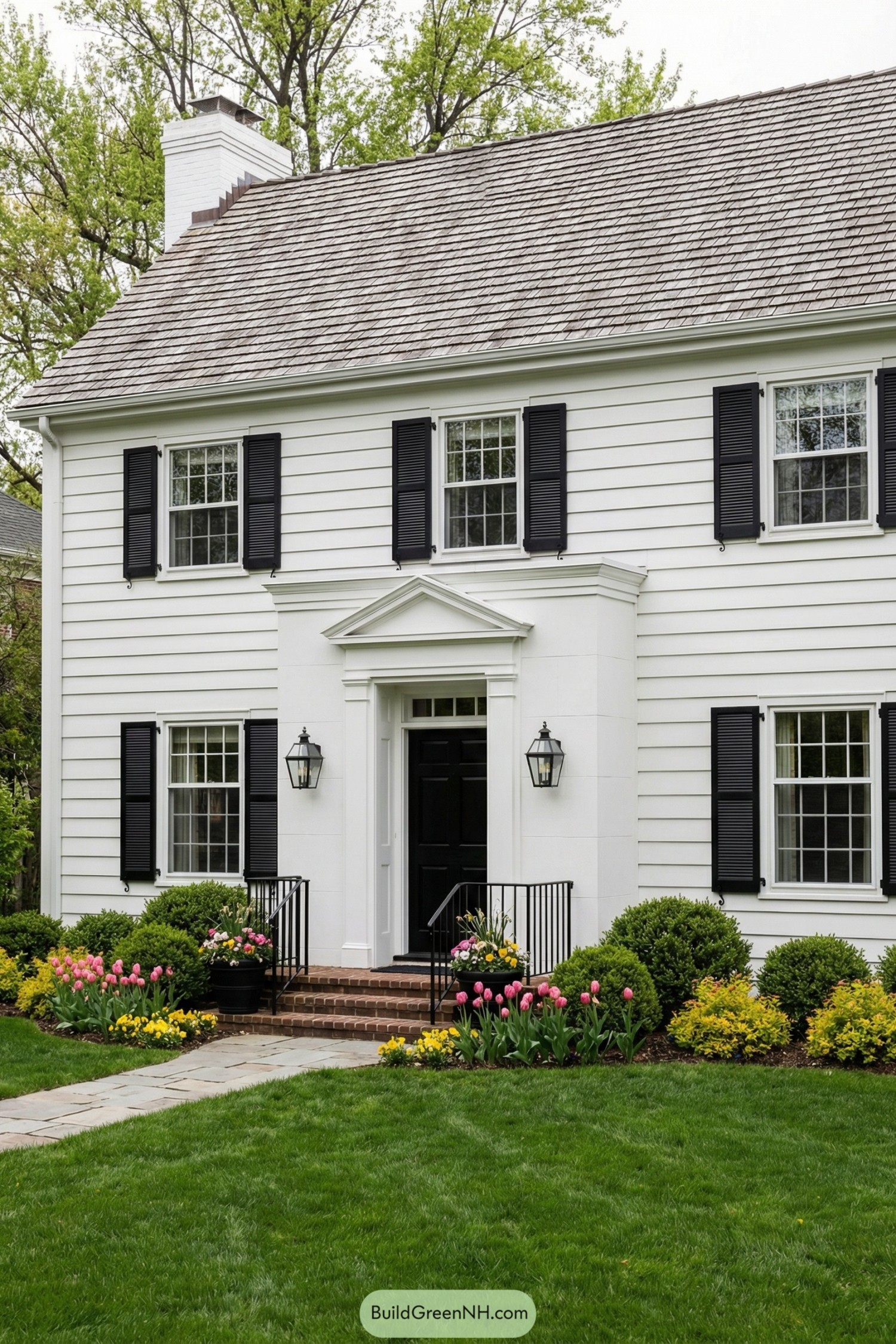 White two story house with black shutters, black front door, brick steps, and colorful flower beds along the entry path