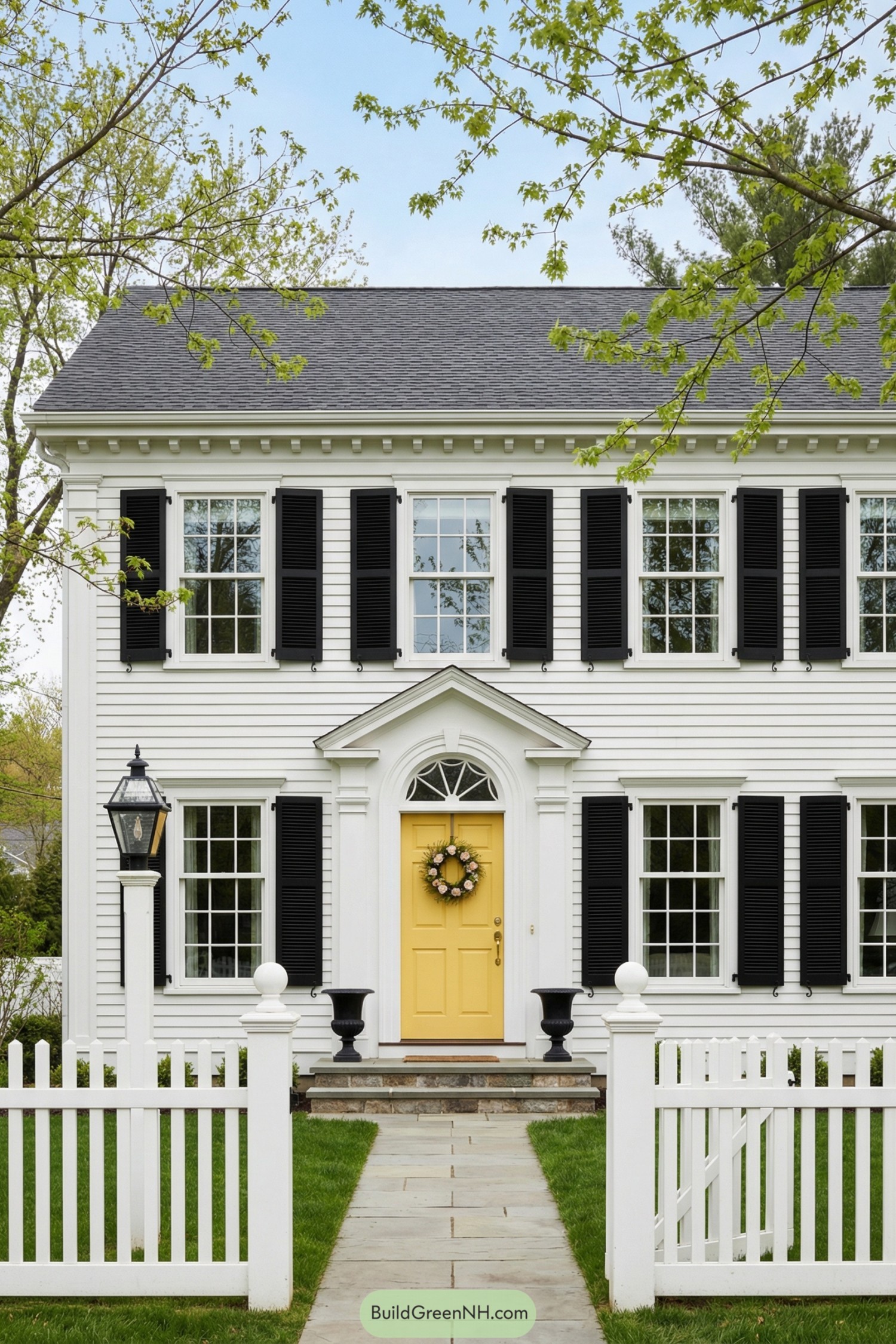 White colonial home with black shutters and a yellow front door framed by a white picket fence