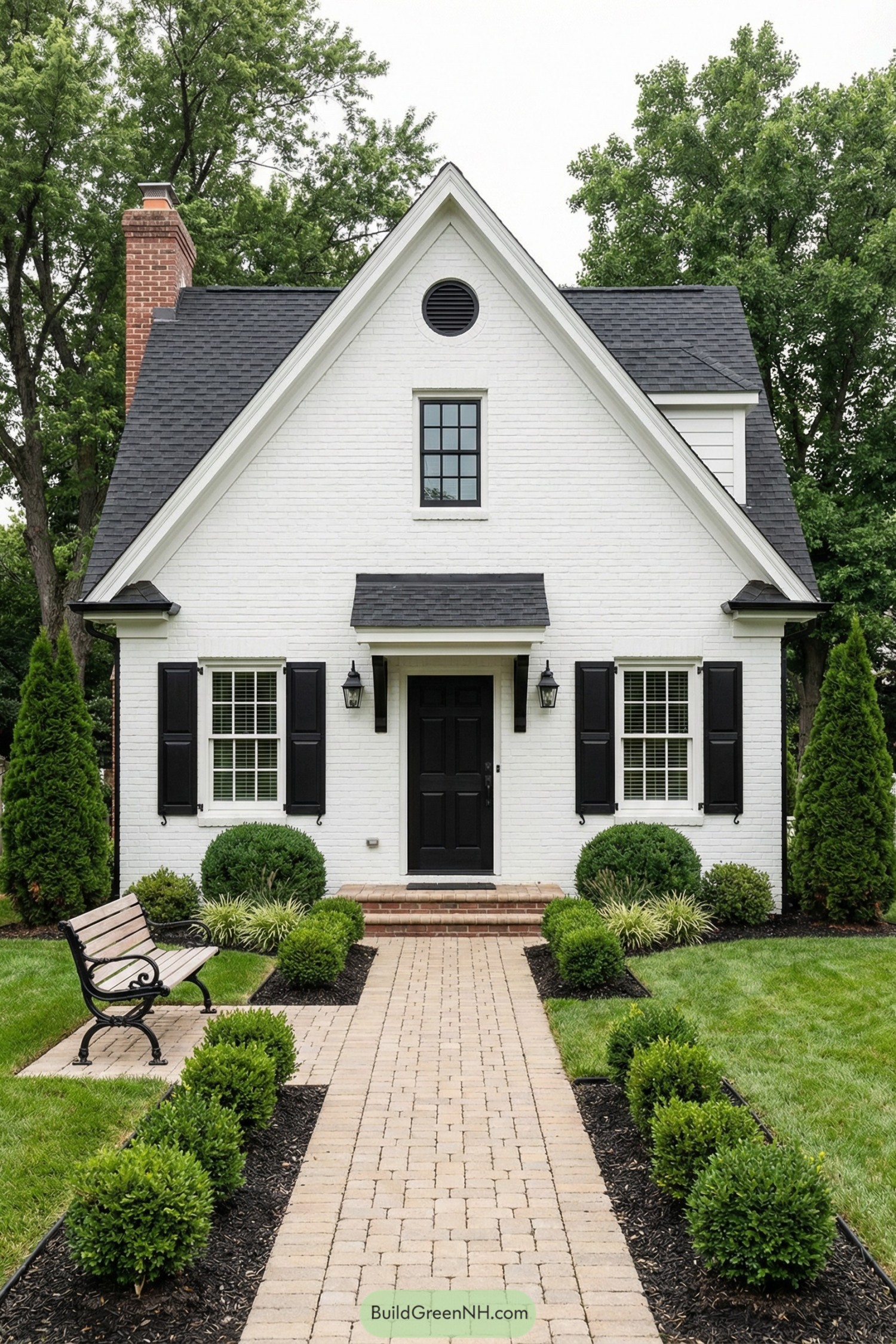 White brick cottage with black shutters door and manicured path