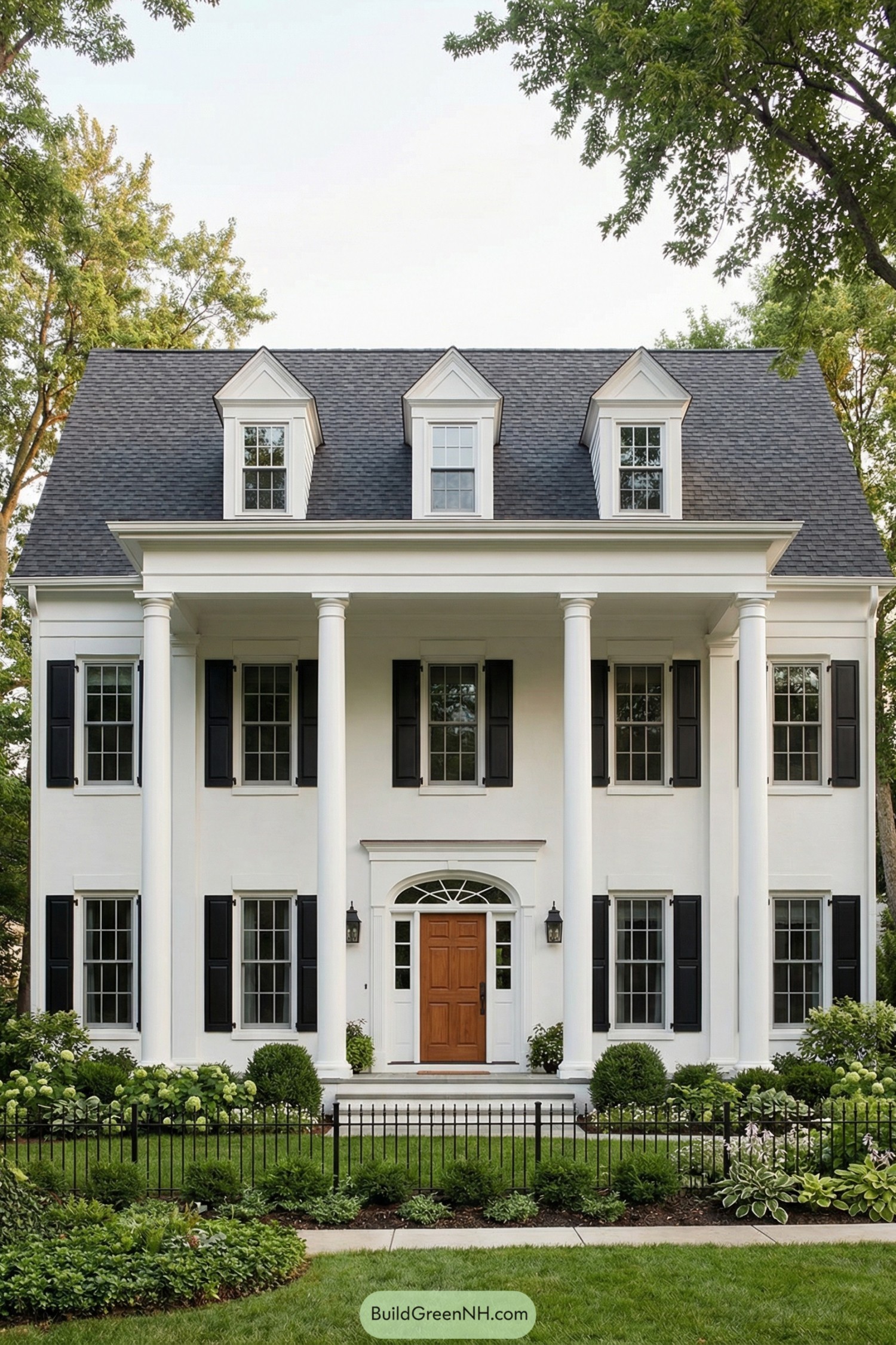 Tall white house with columns and black shutters