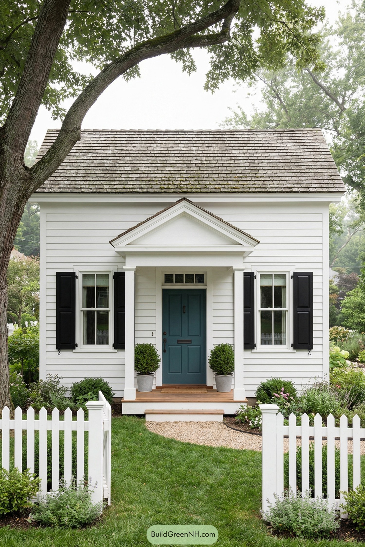 Small white cottage with teal front door, black shutters, and white picket fence