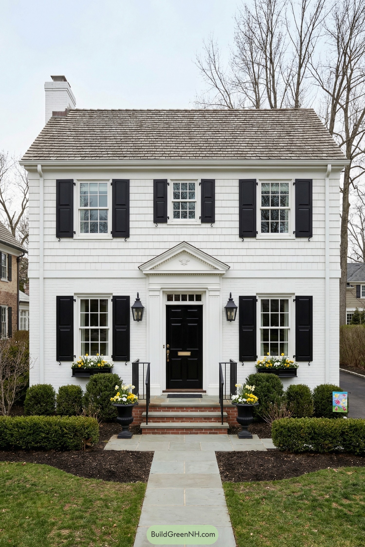 White two story house with black shutters and front door framed by tidy landscaping and yellow flowers