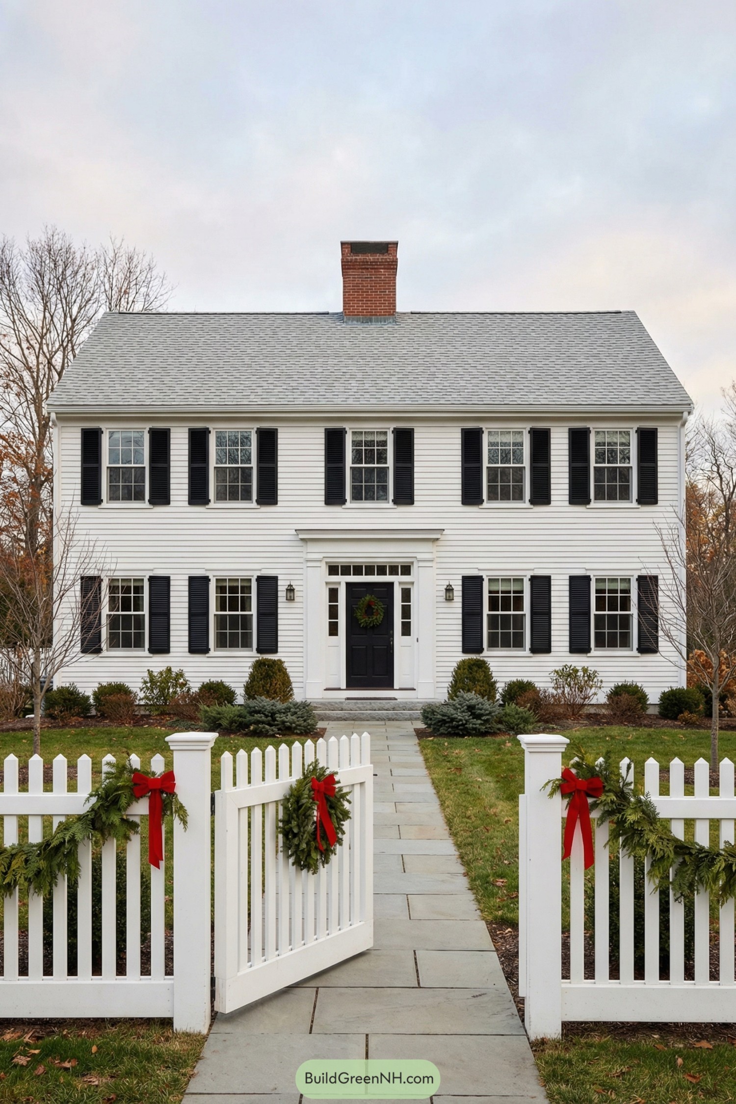 White two-story colonial home with black shutters, central chimney, and a white picket fence trimmed with holiday greenery and red bows