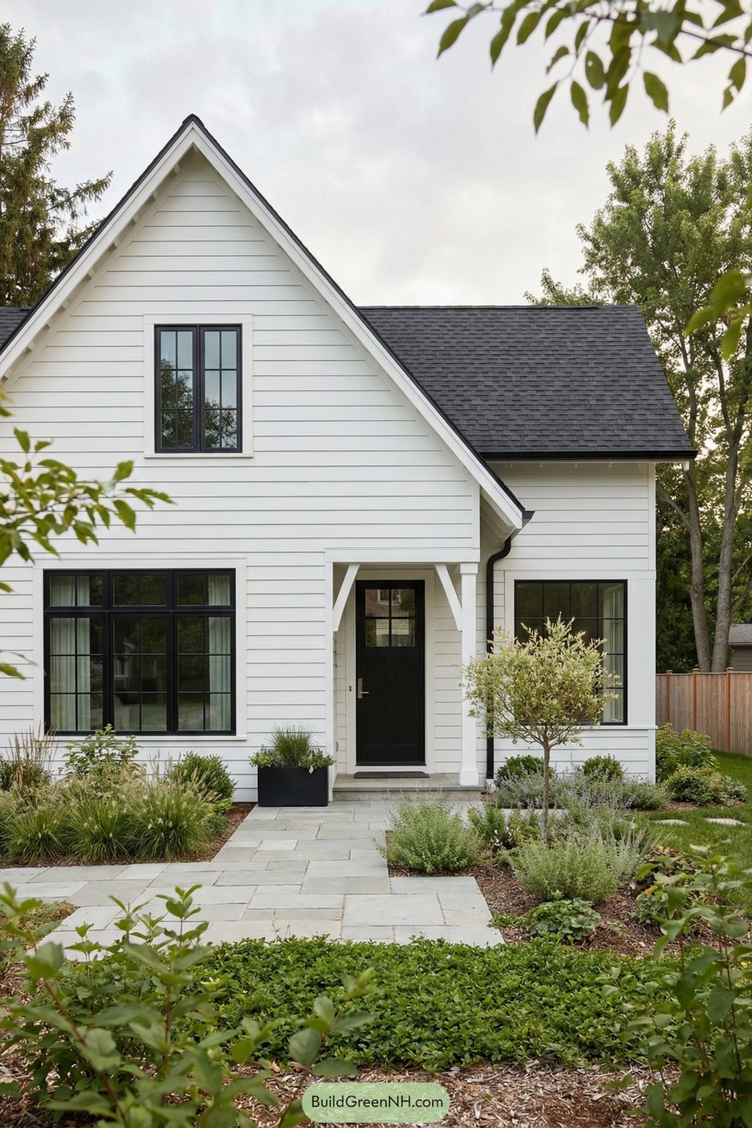 White farmhouse style home with black windows and lush front garden