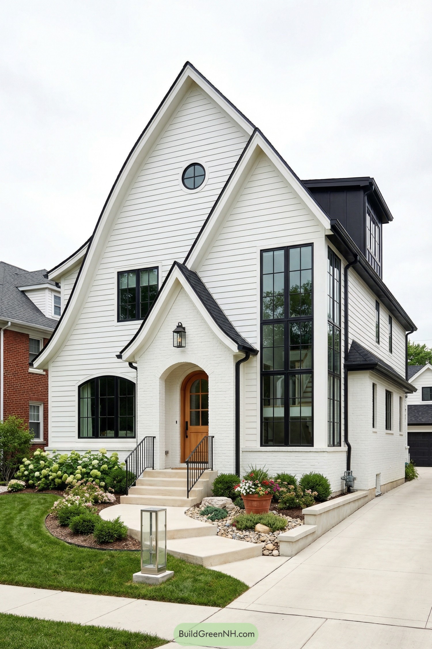 White gabled home with tall black windows and arched entry