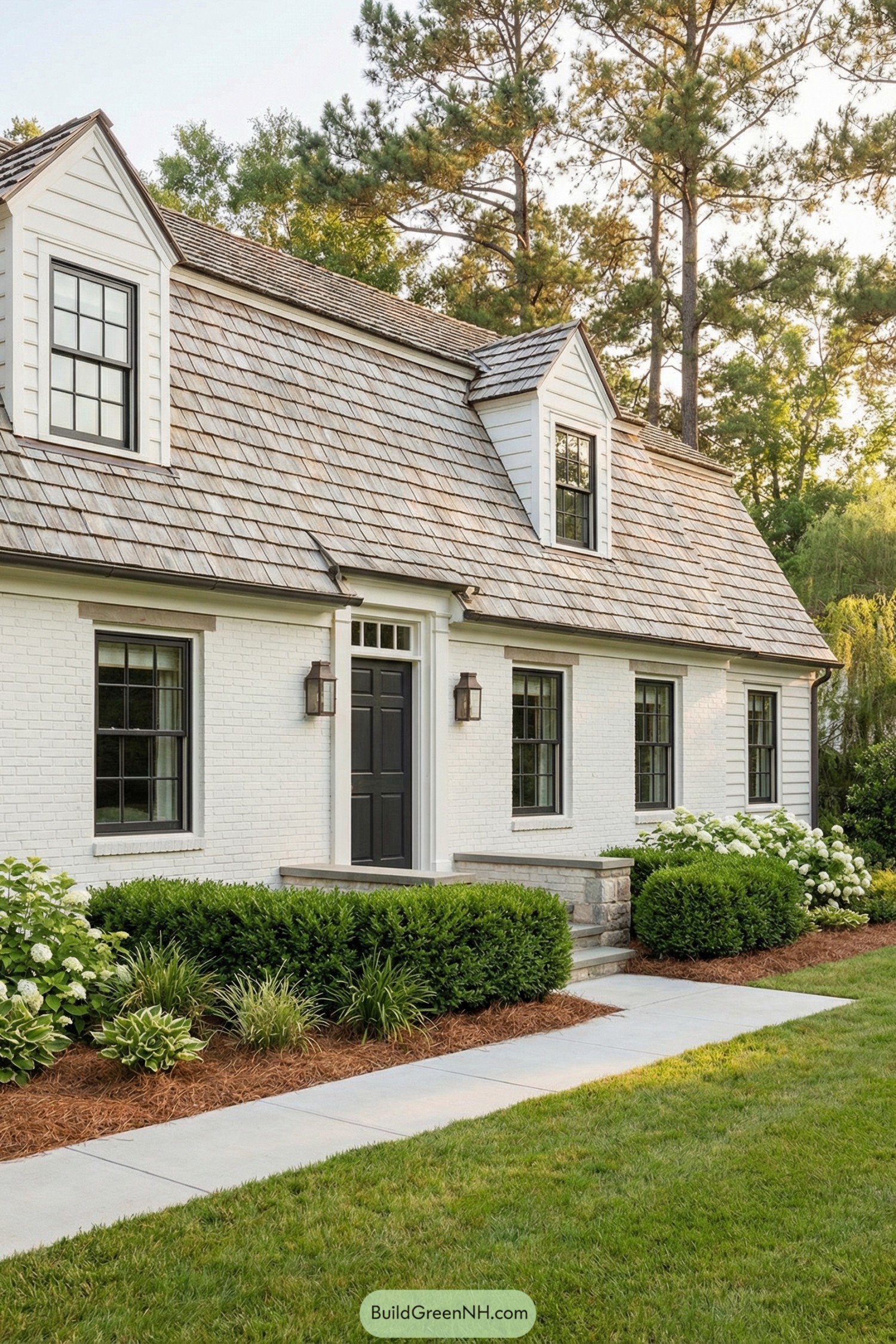 White brick cottage with black windows and shingle roof