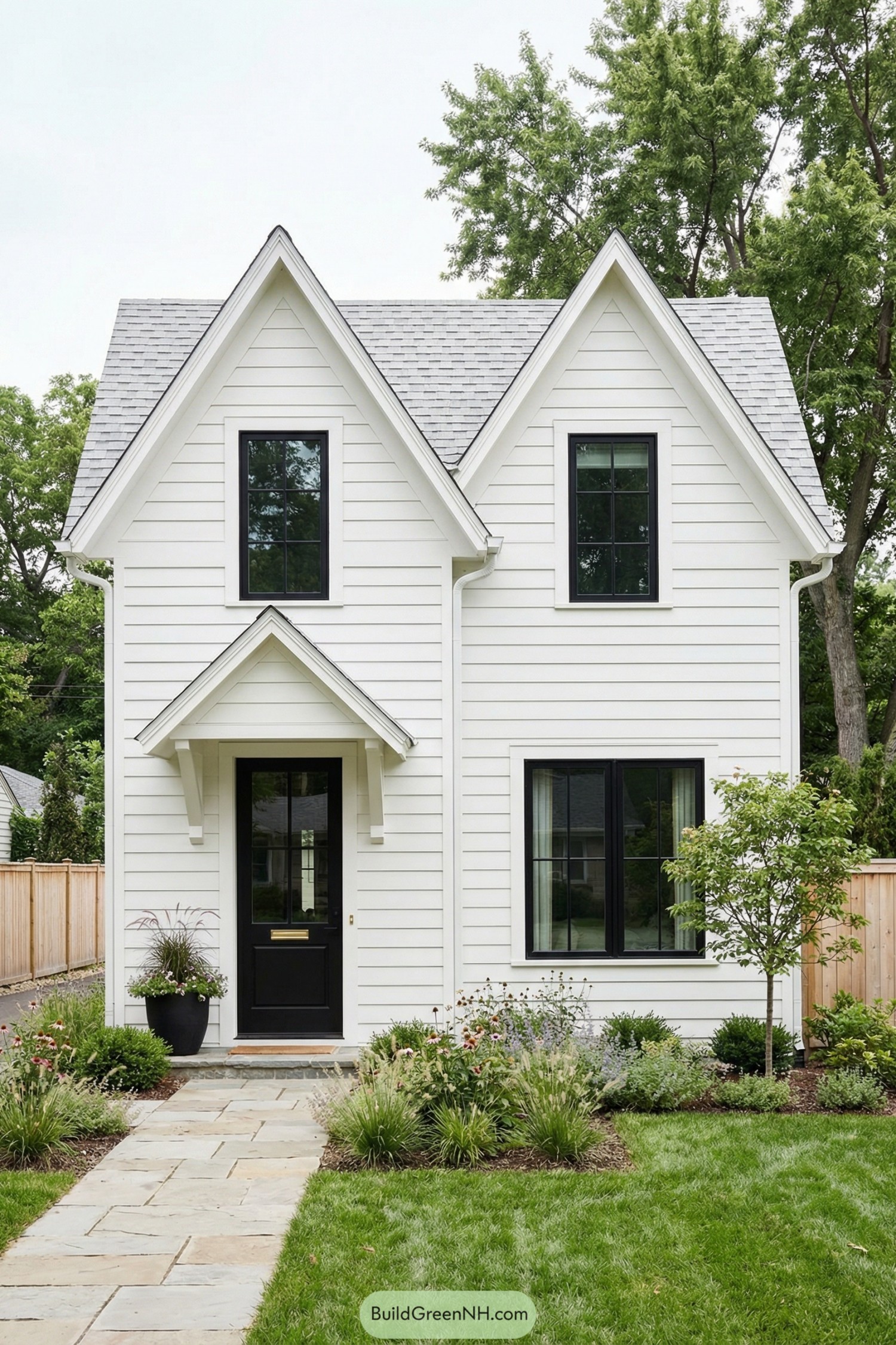 Tall white twin gable house with black windows and neat front garden